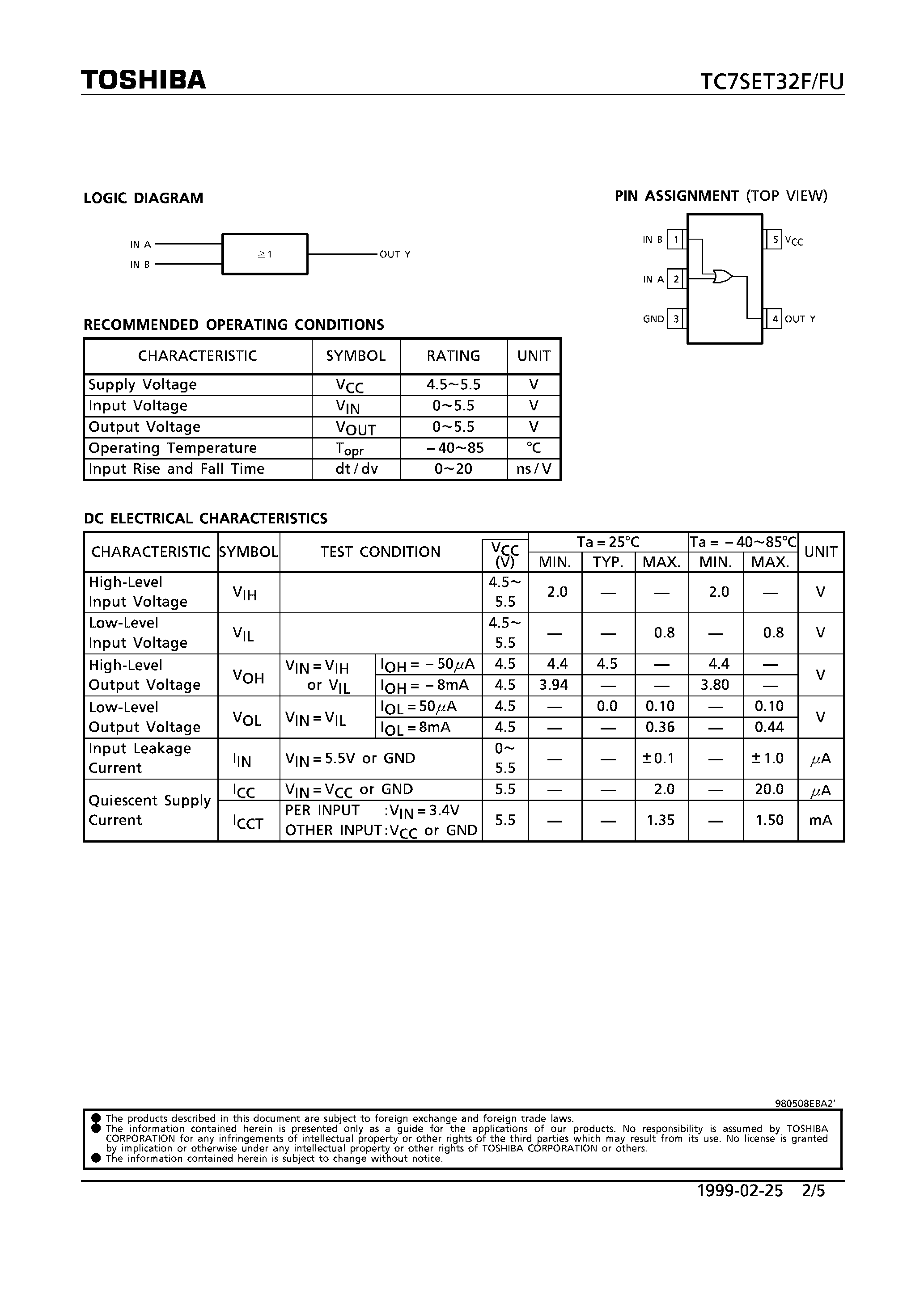 Datasheet TC7SET32FU - 2-INPUT OR GATE page 2