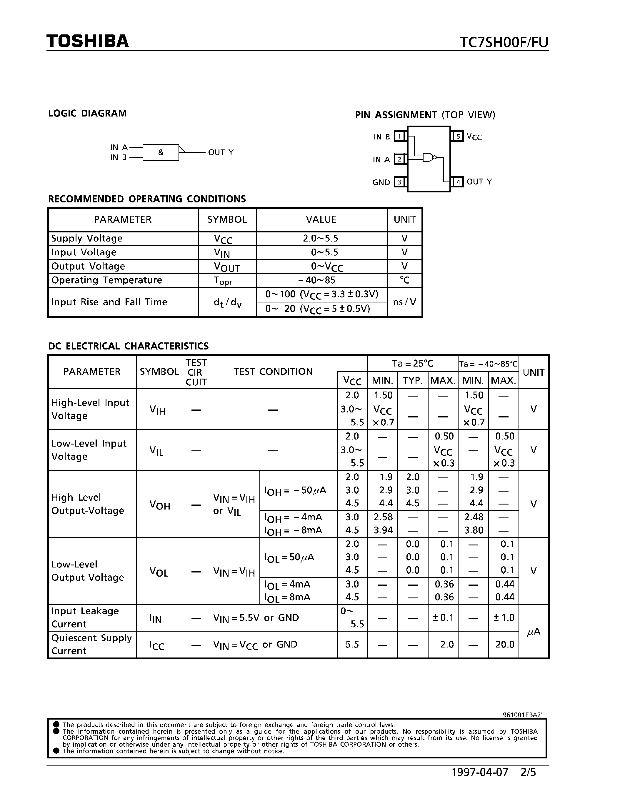 Datasheet TC7SH00FU - 2-INPUT NAND GATE page 2