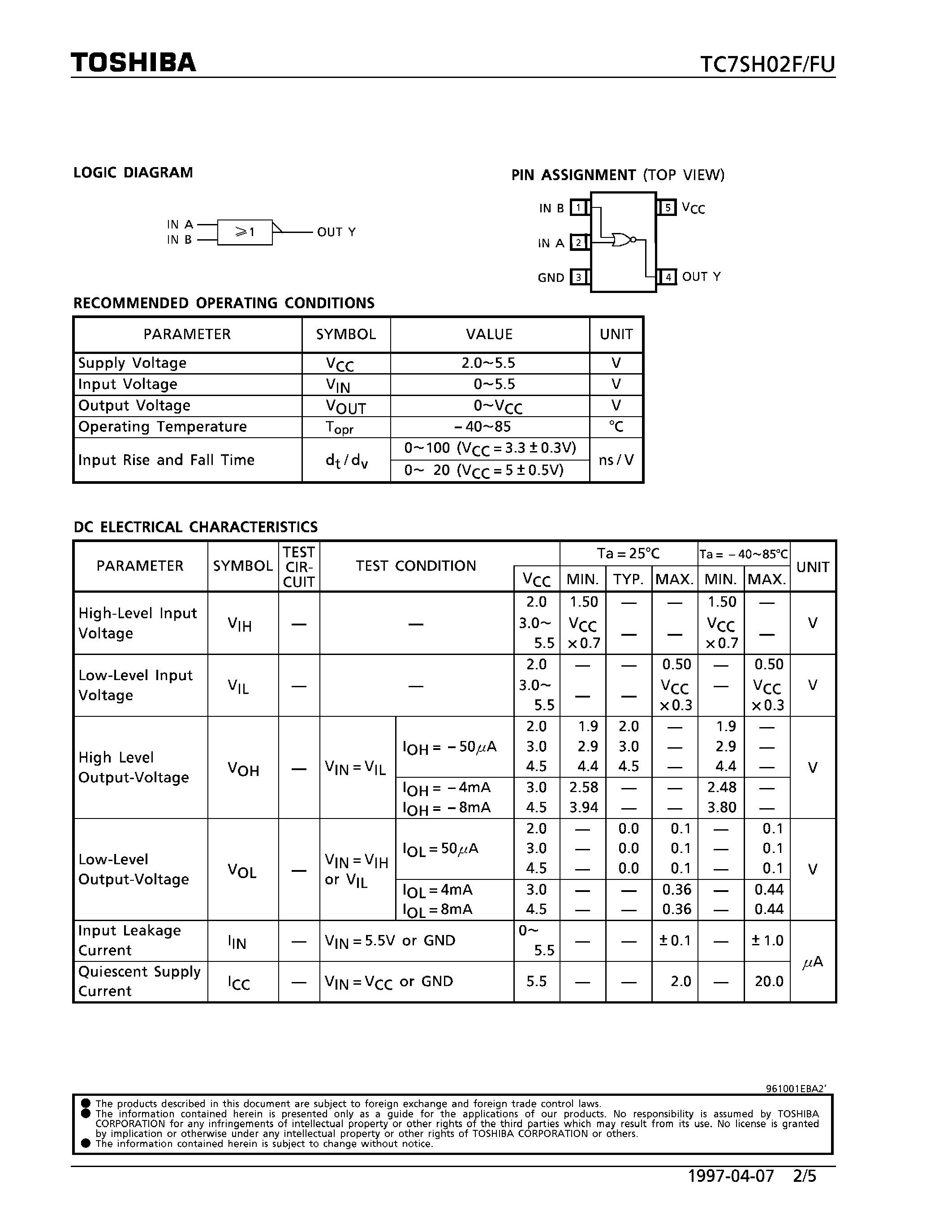 Datasheet TC7SH02F - 2-INPUT NOR GATE page 2
