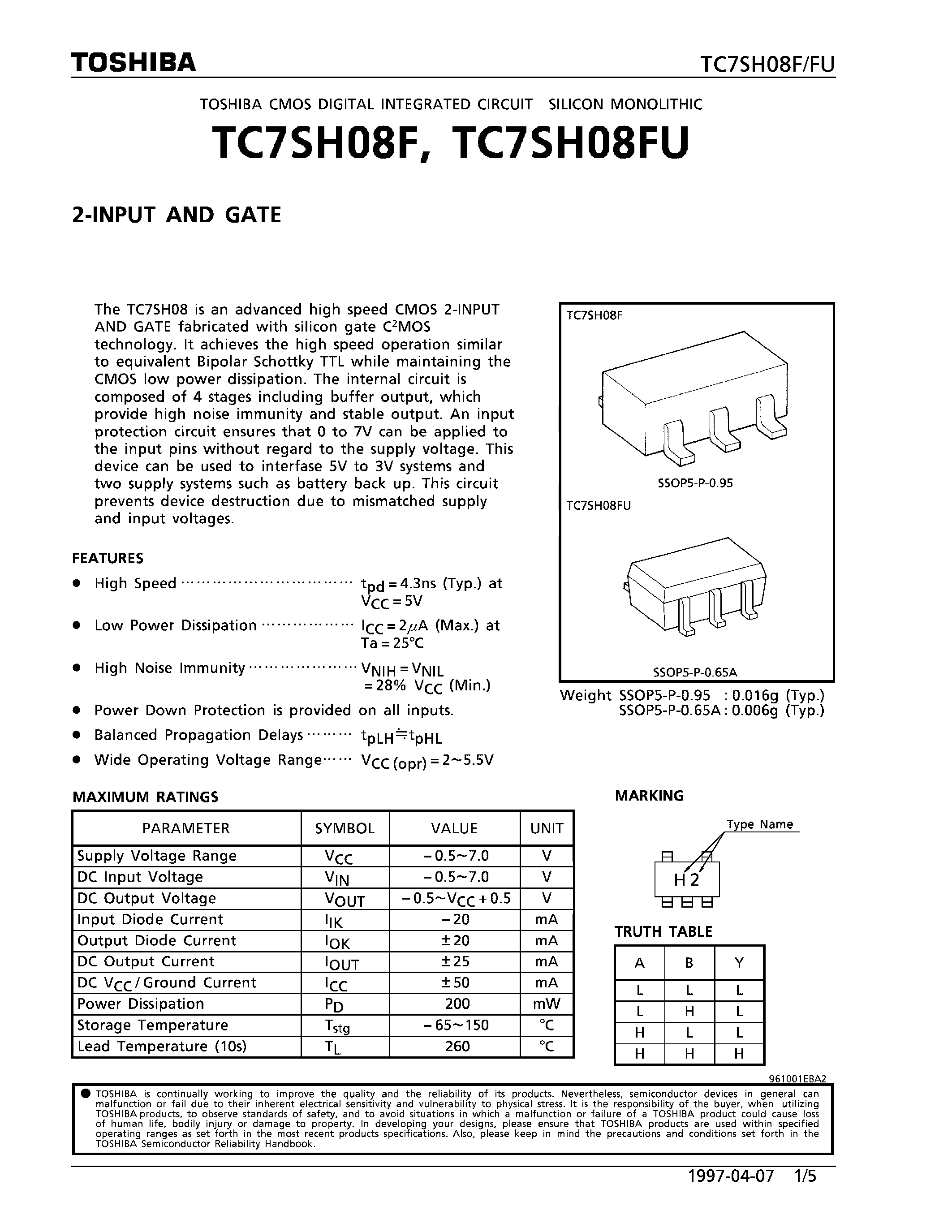 Datasheet TC7SH08FU - 2-INPUT AND GATE page 1