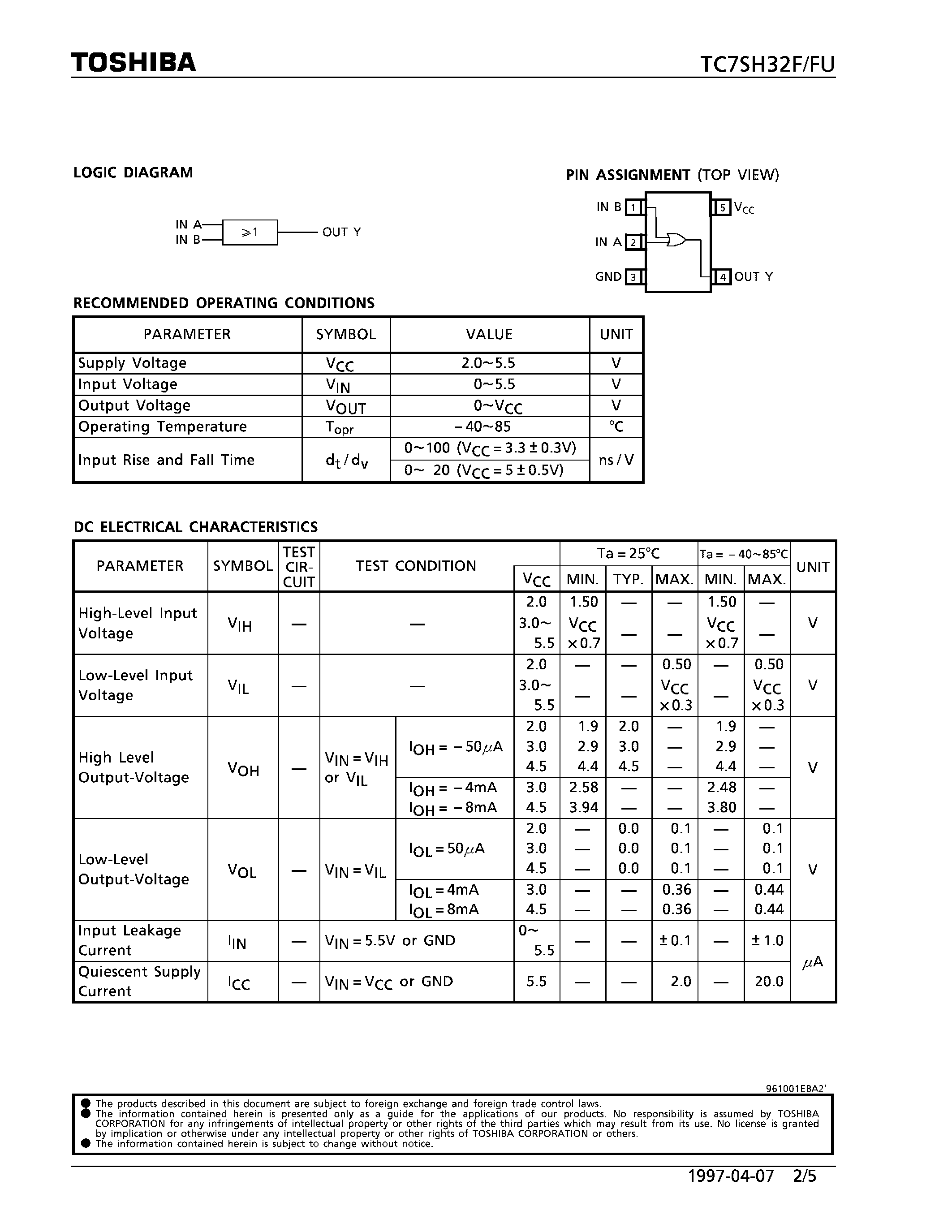 Datasheet TC7SH32 - 2-INPUT OR GATE page 2