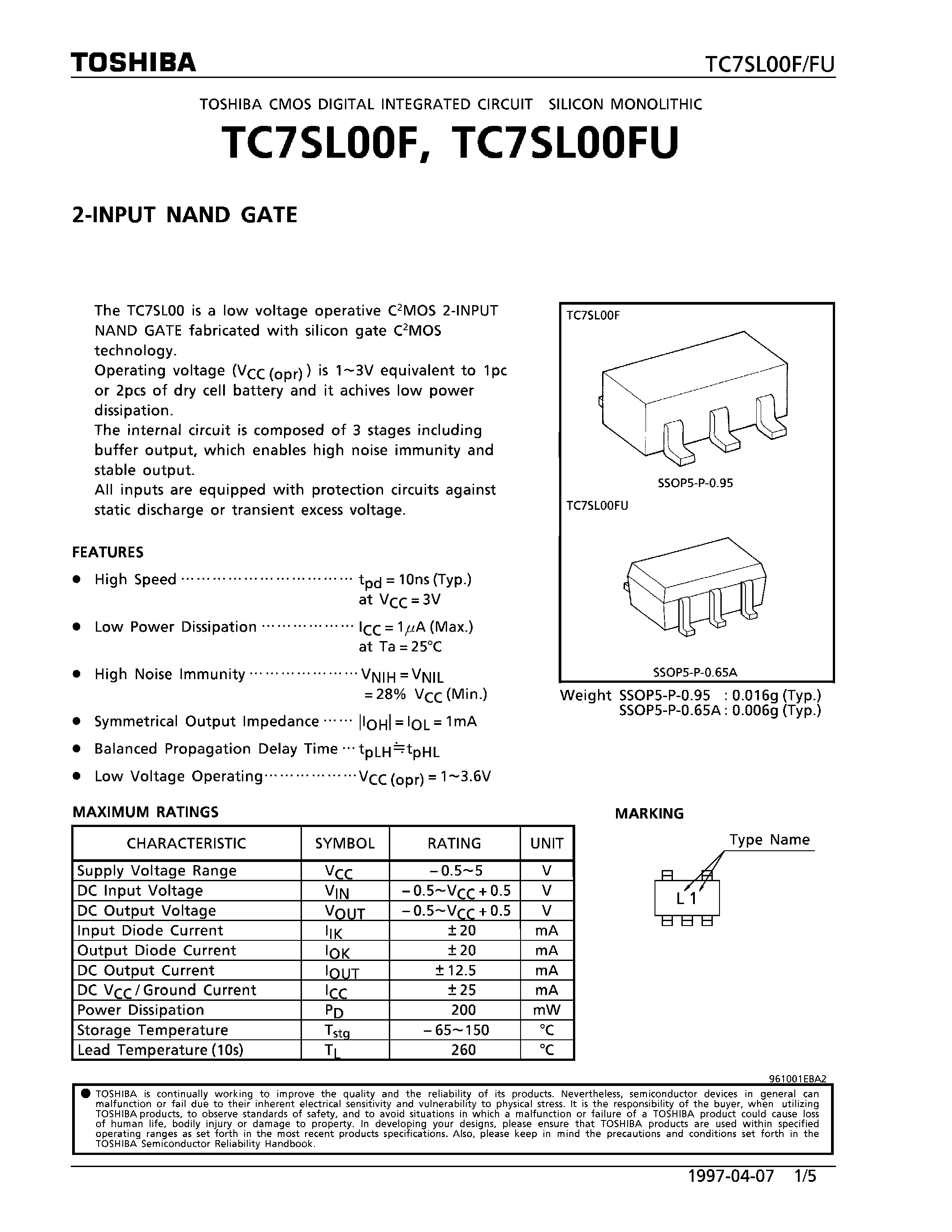 Datasheet TC7SL00FU - 2-INPUT NAND GATE page 1