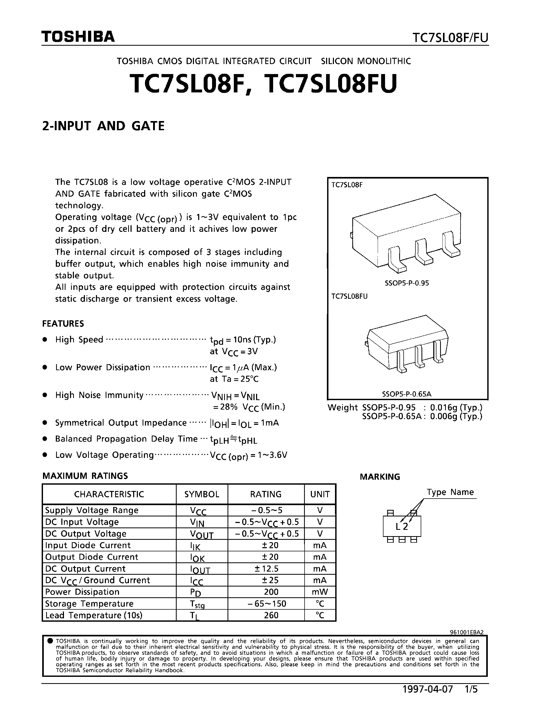 Datasheet TC7SL08F - 2-INPUT AND GATE page 1