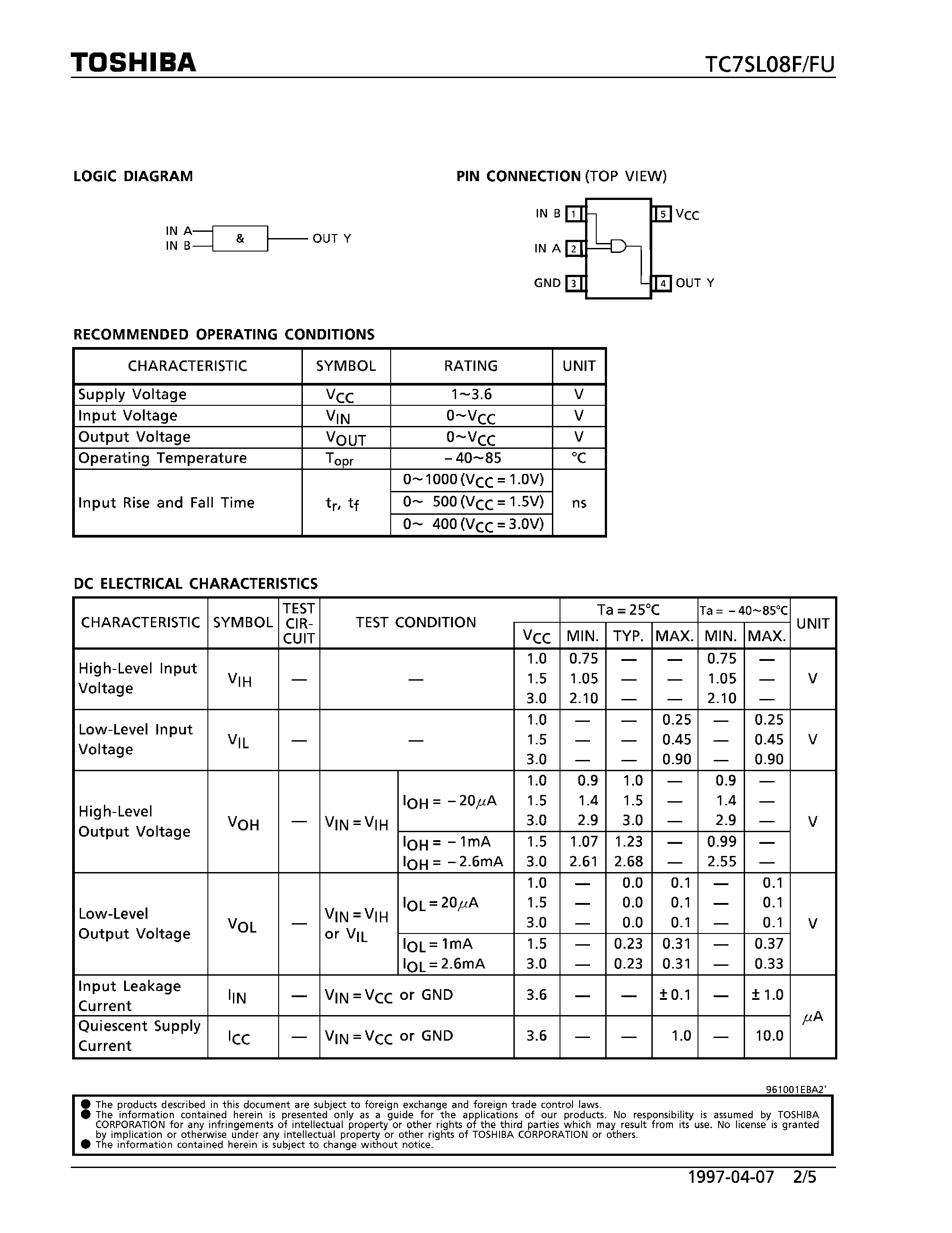 Datasheet TC7SL08F - 2-INPUT AND GATE page 2
