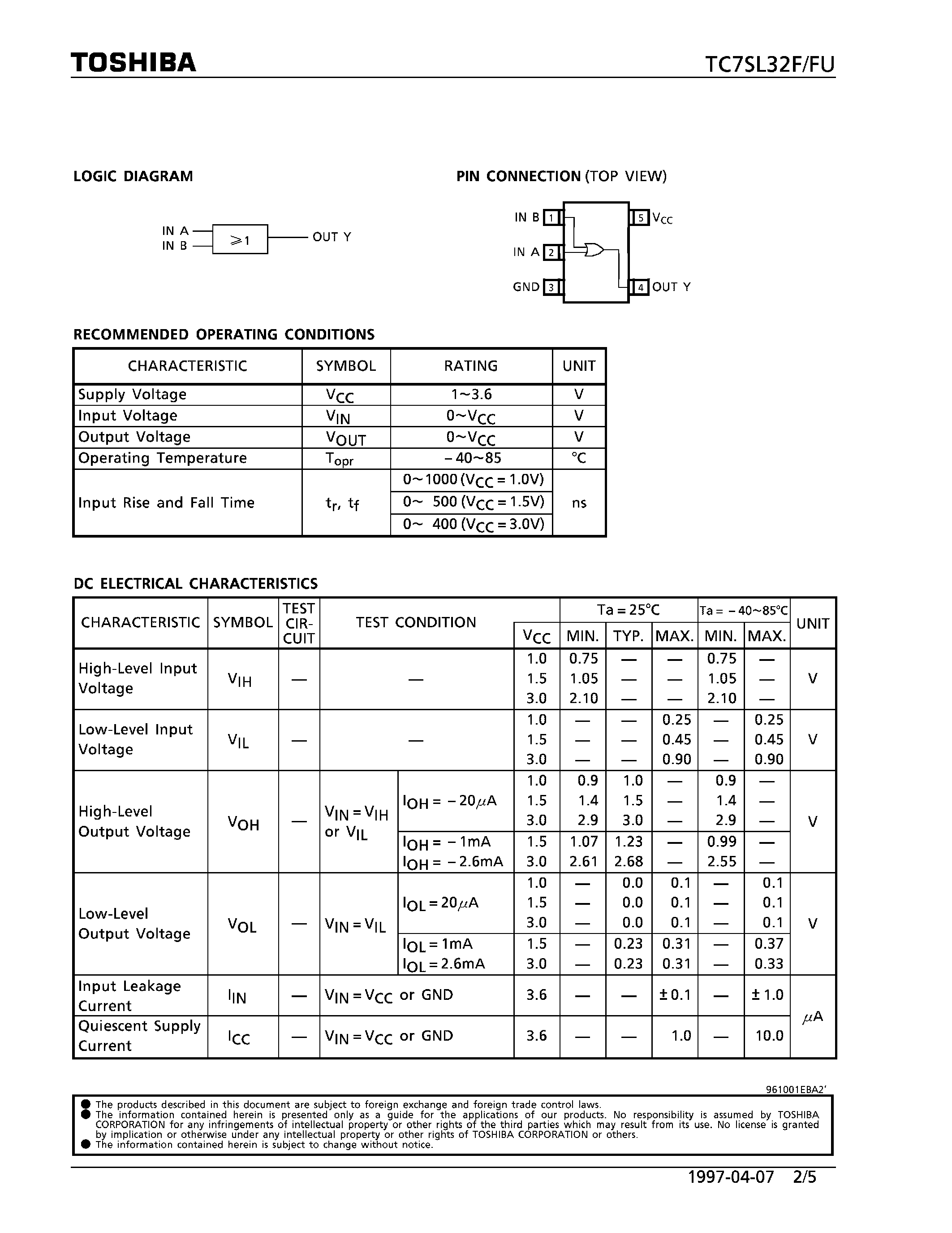 Datasheet TC7SL32FU - 2-INPUT OR GATE page 2