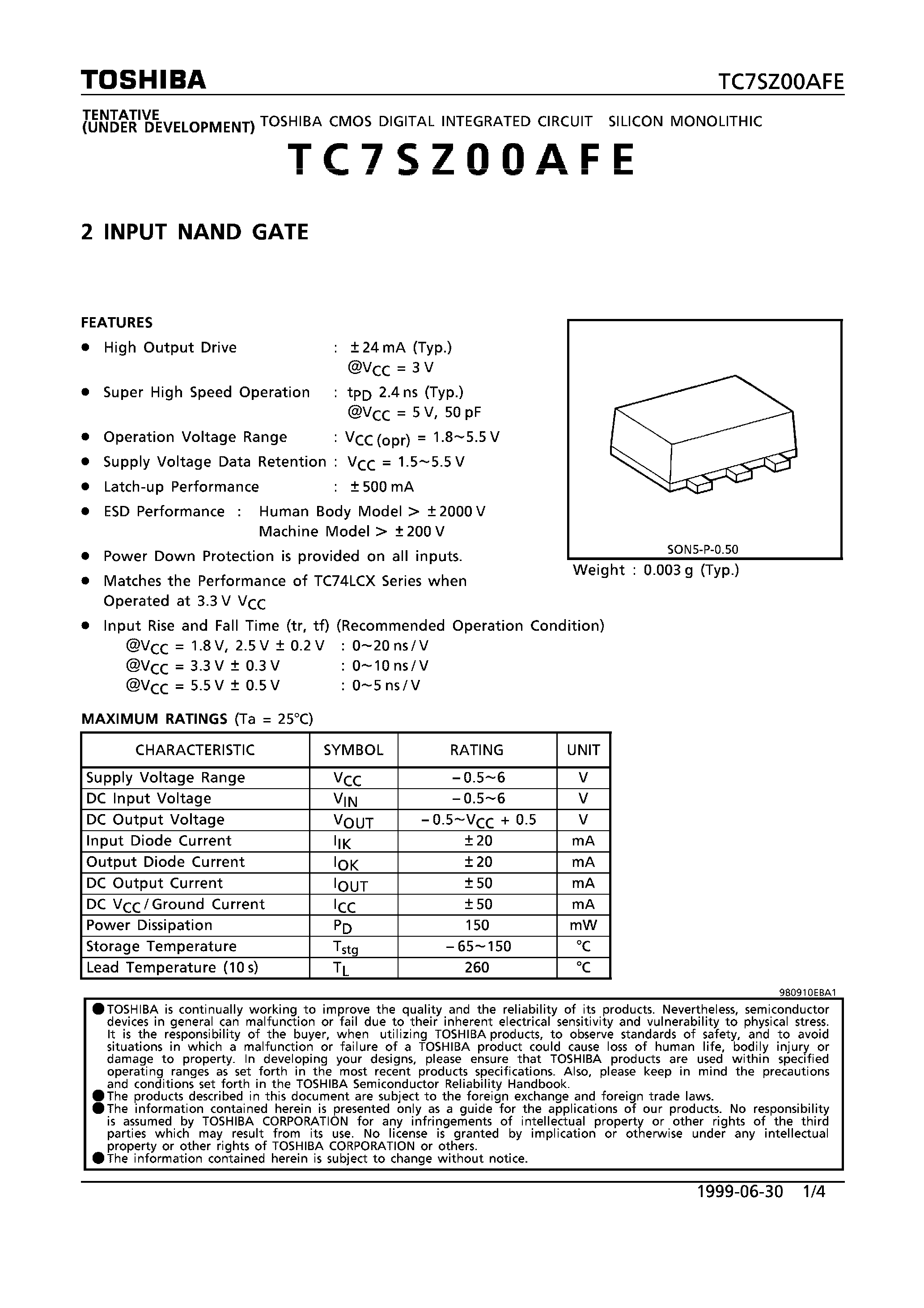 Datasheet TC7SZ00AFE - 2 INPUT NAND GATE page 1