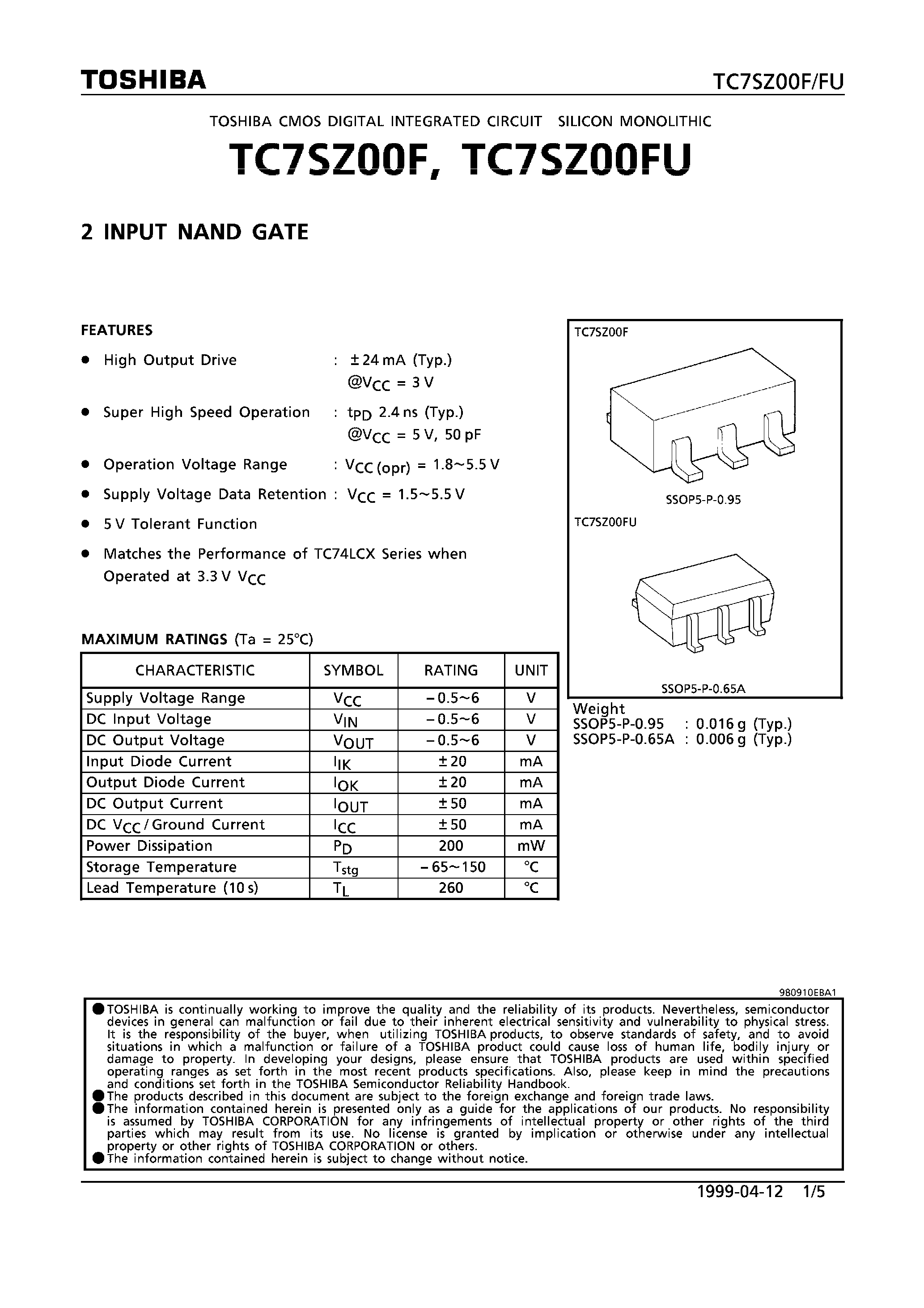 Datasheet TC7SZ00F - 2 INPUT NAND GATE page 1