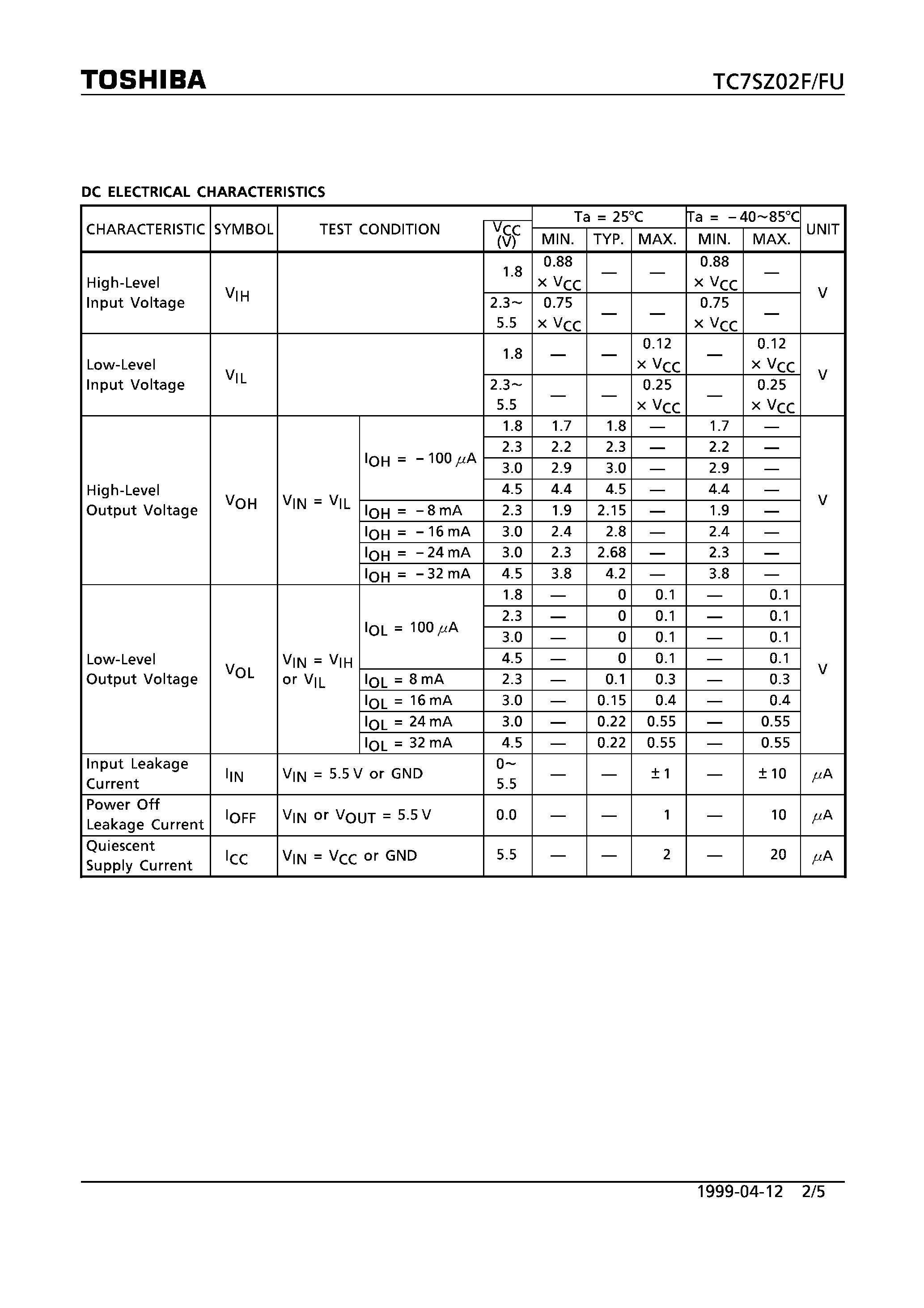 Datasheet TC7SZ02F - 2 INPUT NOR GATE page 2