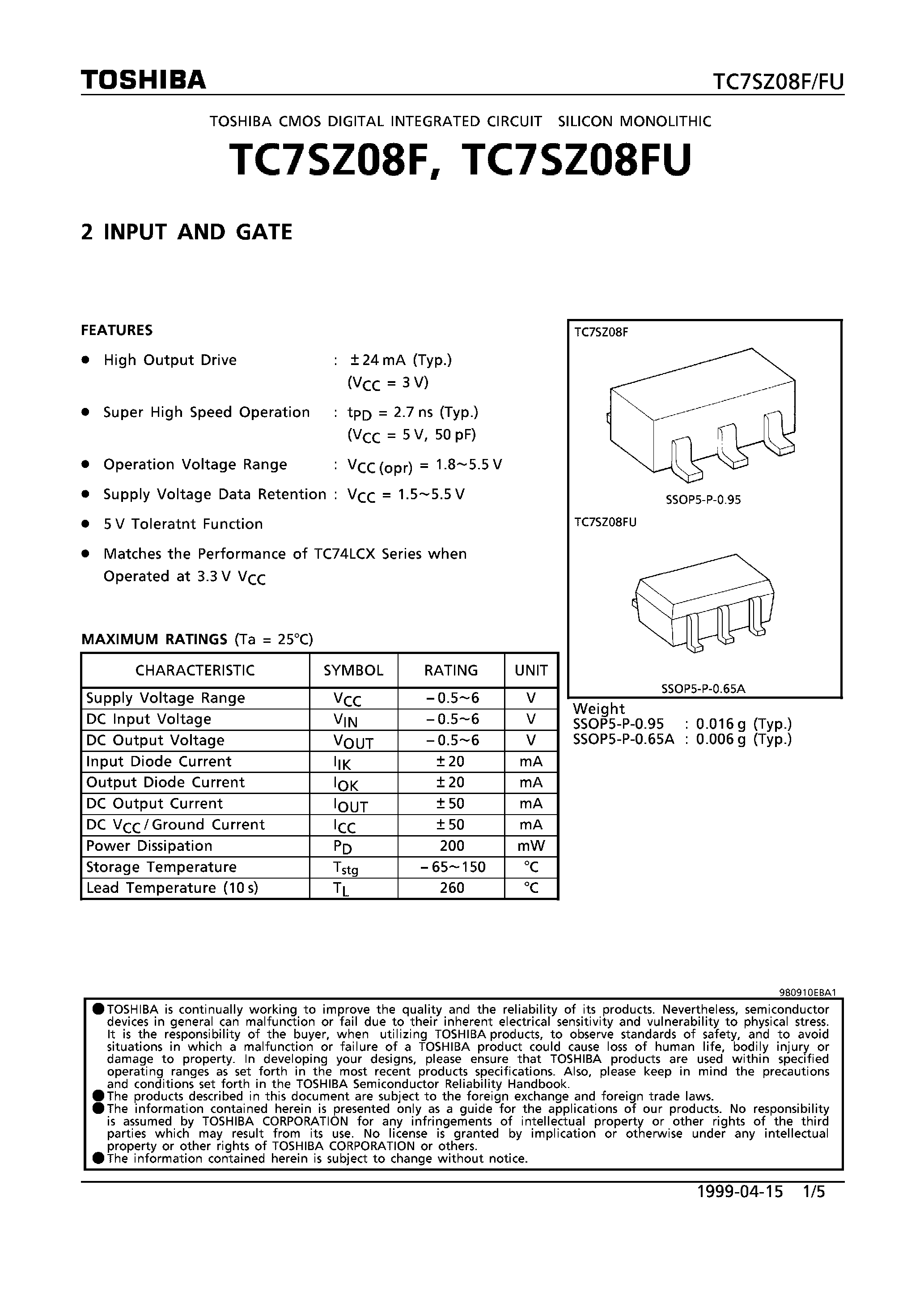 Datasheet TC7SZ08F - 2 INPUT AND GATE page 1