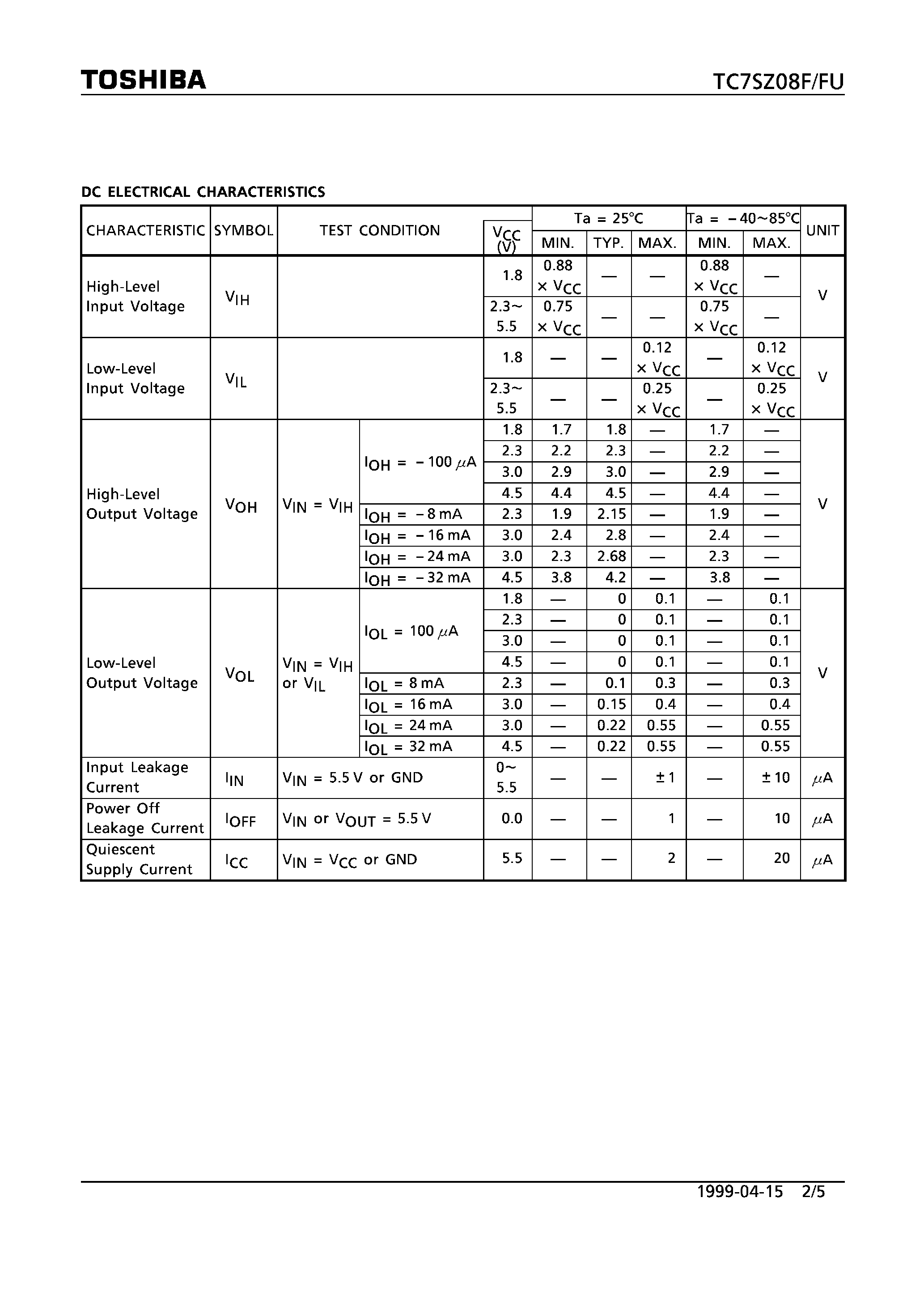 Datasheet TC7SZ08FU - 2 INPUT AND GATE page 2