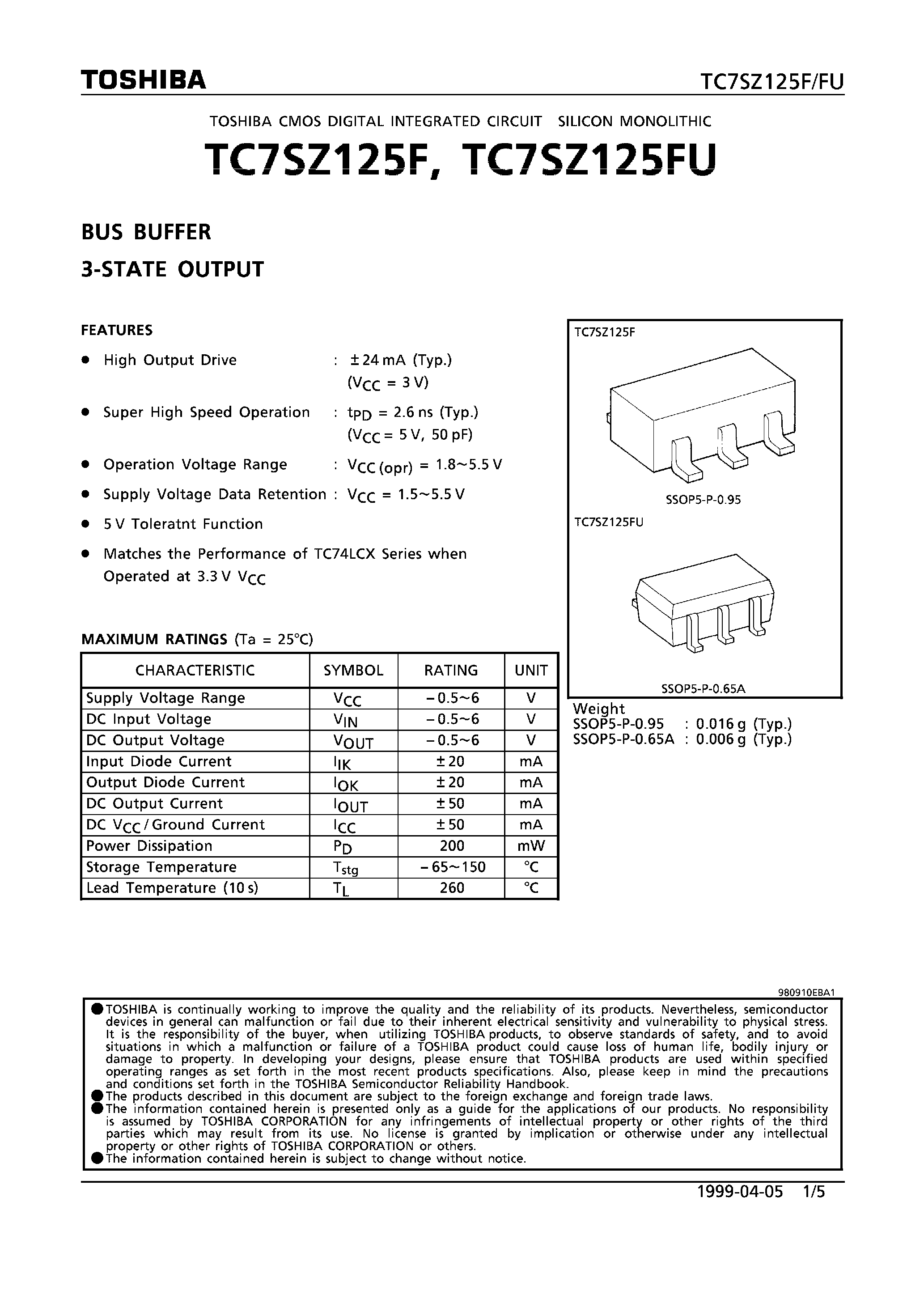 Datasheet TC7SZ125FU - BUS BUFFER 3-STATE OUTPUT page 1