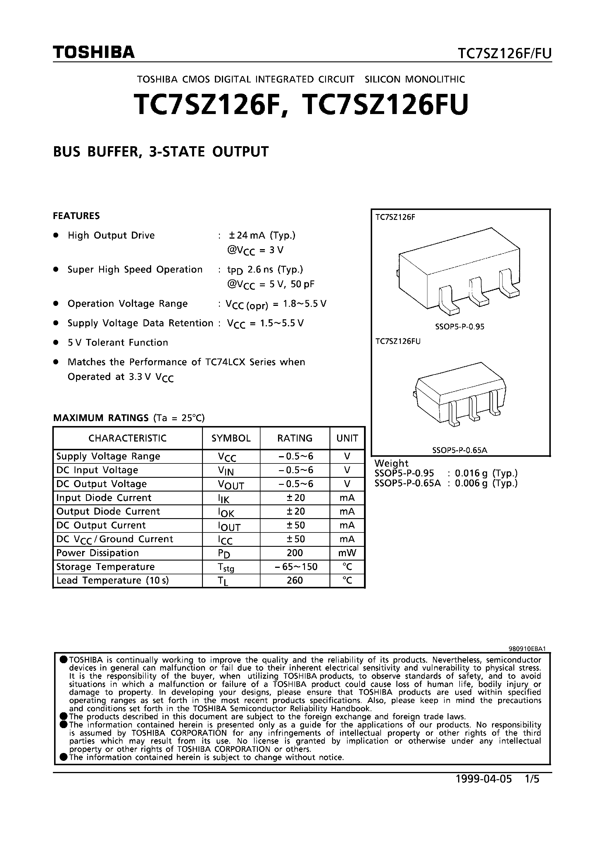 Datasheet TC7SZ126 - BUS BUFFER/ 3-STATE OUTPUT page 1