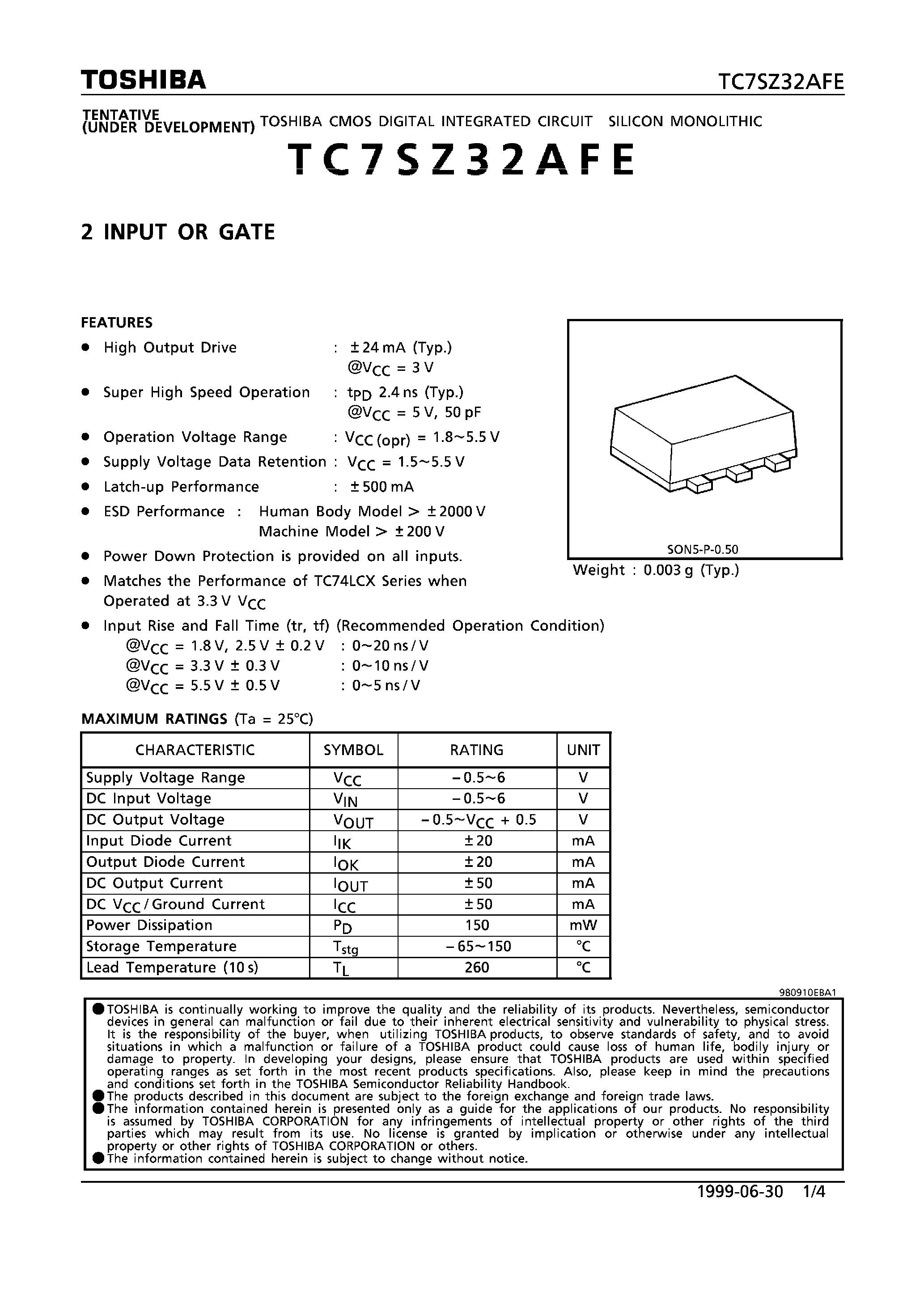 Datasheet TC7SZ32AFE - 2 INPUT OR GATE page 1