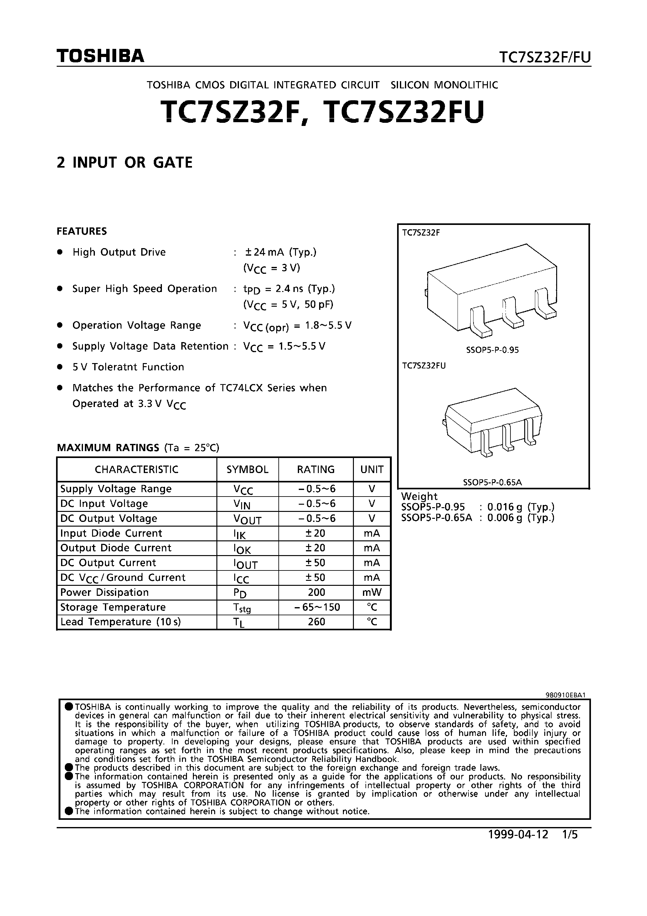 Datasheet TC7SZ32FU - 2 INPUT OR GATE page 1