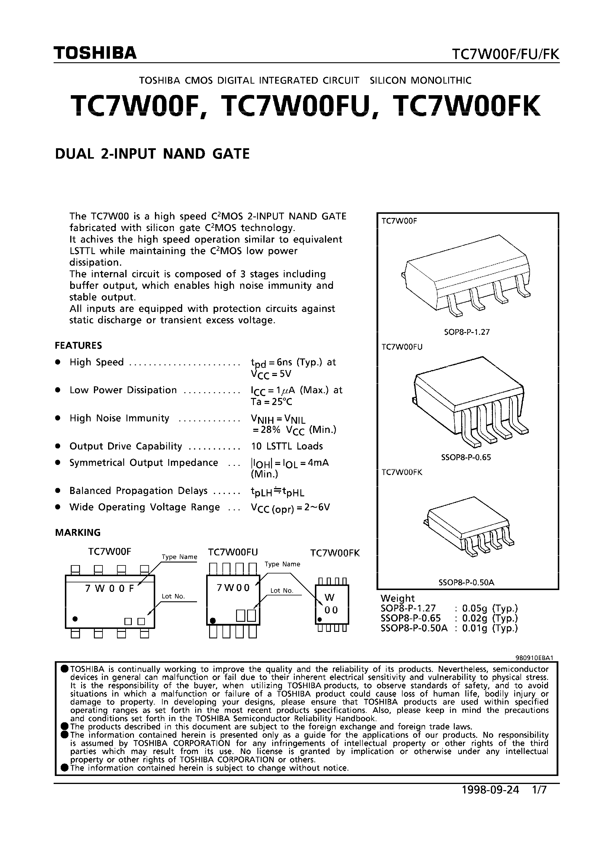 Datasheet TC7W00FK - DUAL 2-INPUT NAND GATE page 1