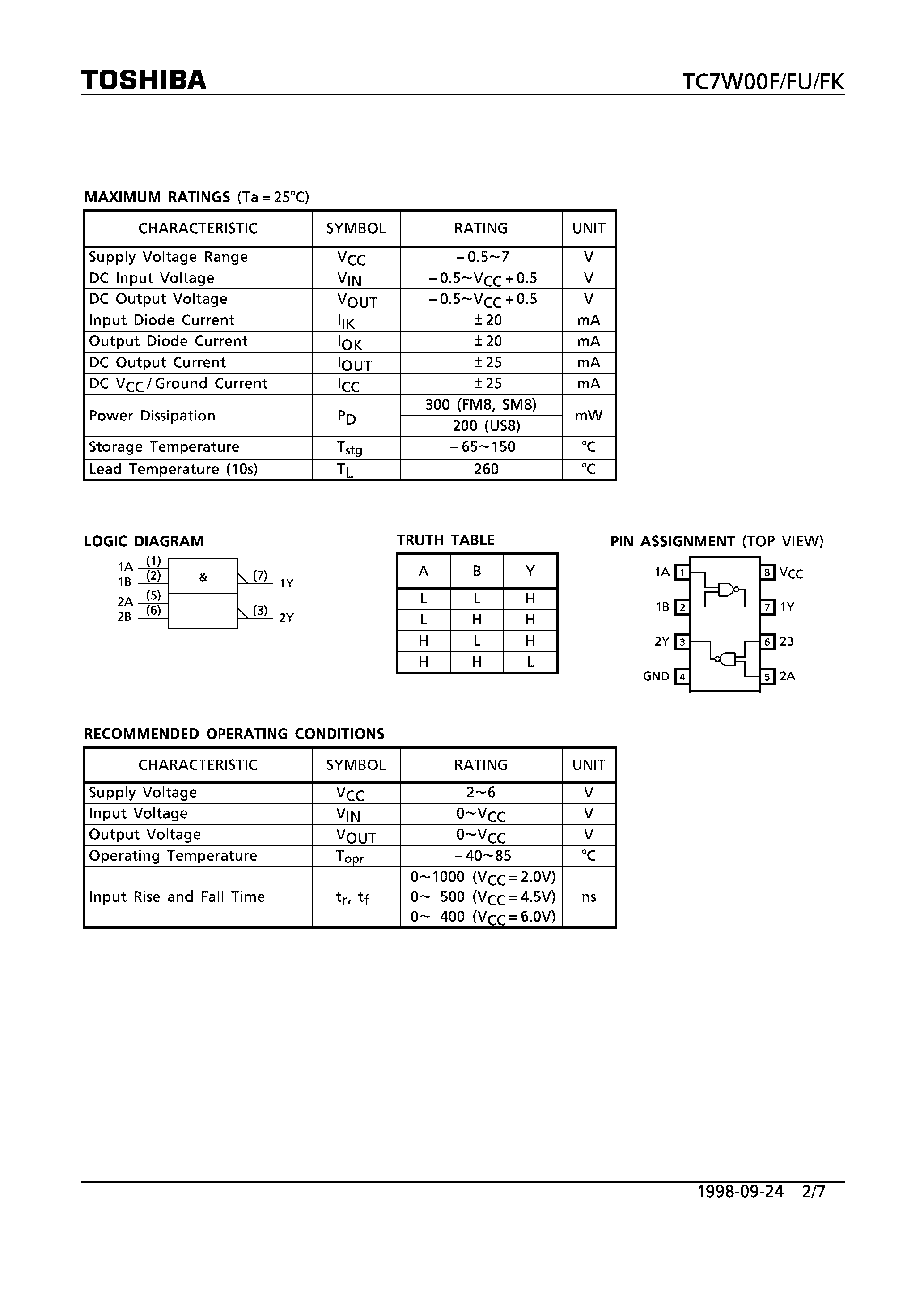 Datasheet TC7W00FK - DUAL 2-INPUT NAND GATE page 2