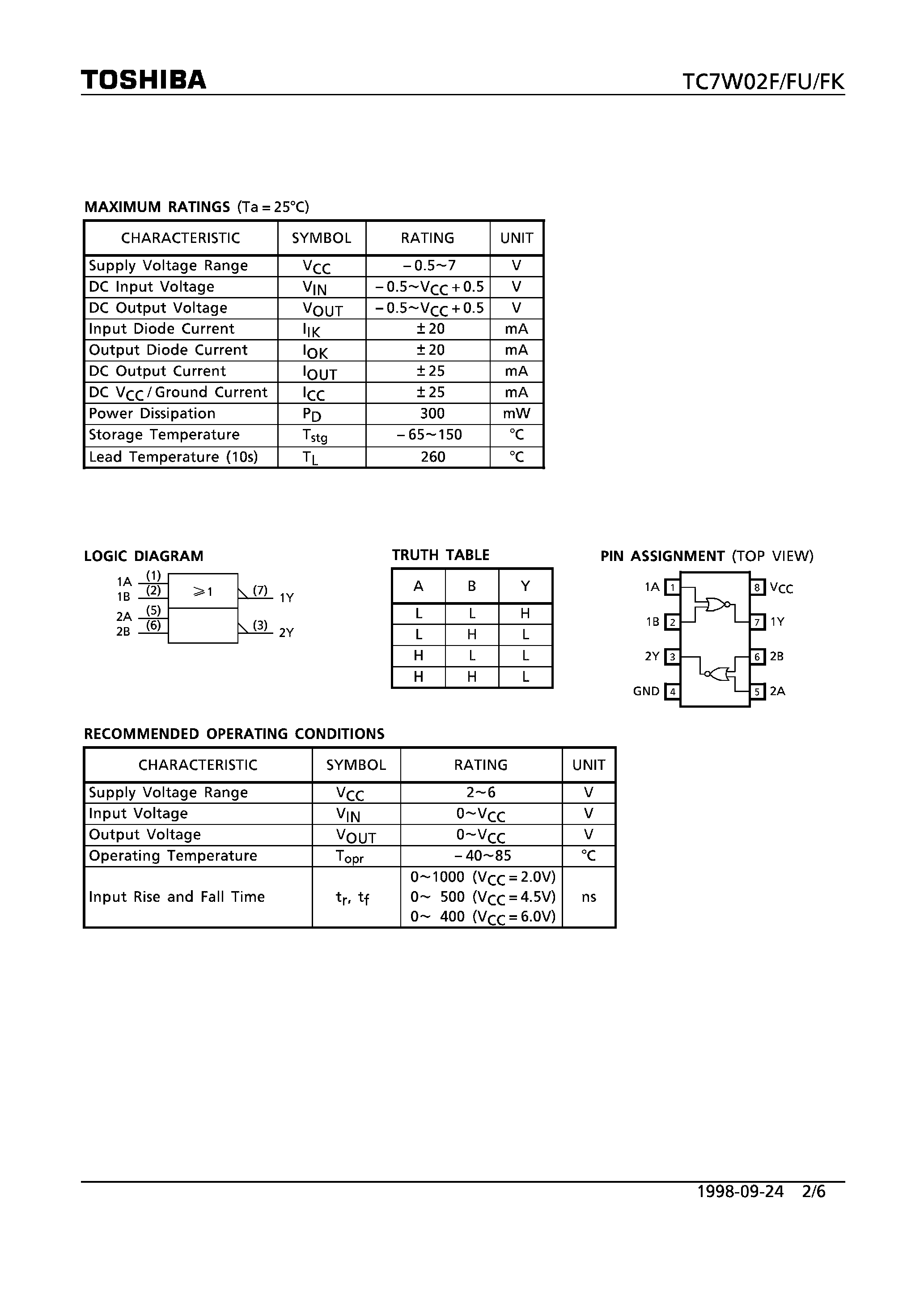 Datasheet TC7W02 - DUAL 2-INPUT NOR GATE page 2