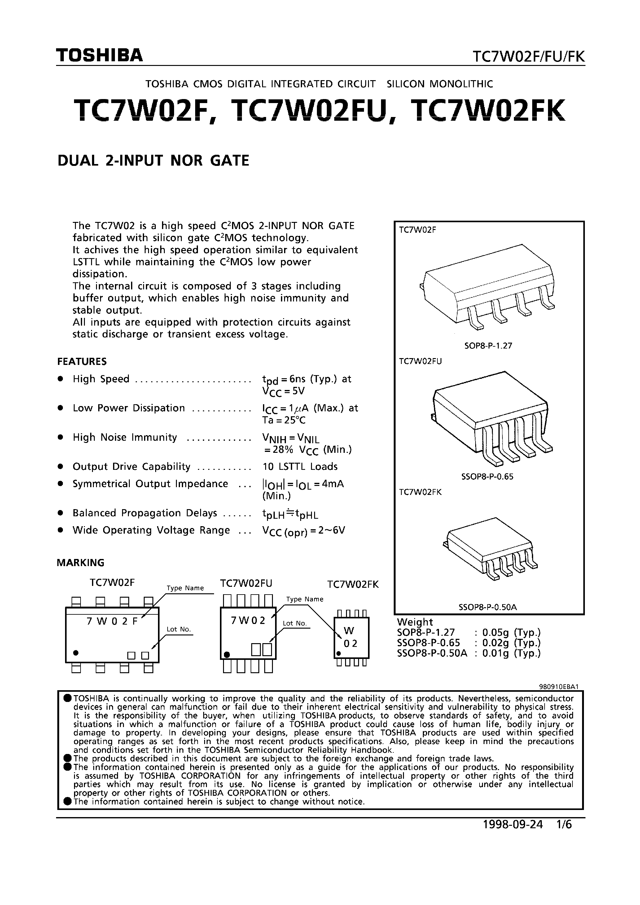 Datasheet TC7W02FU - DUAL 2-INPUT NOR GATE page 1
