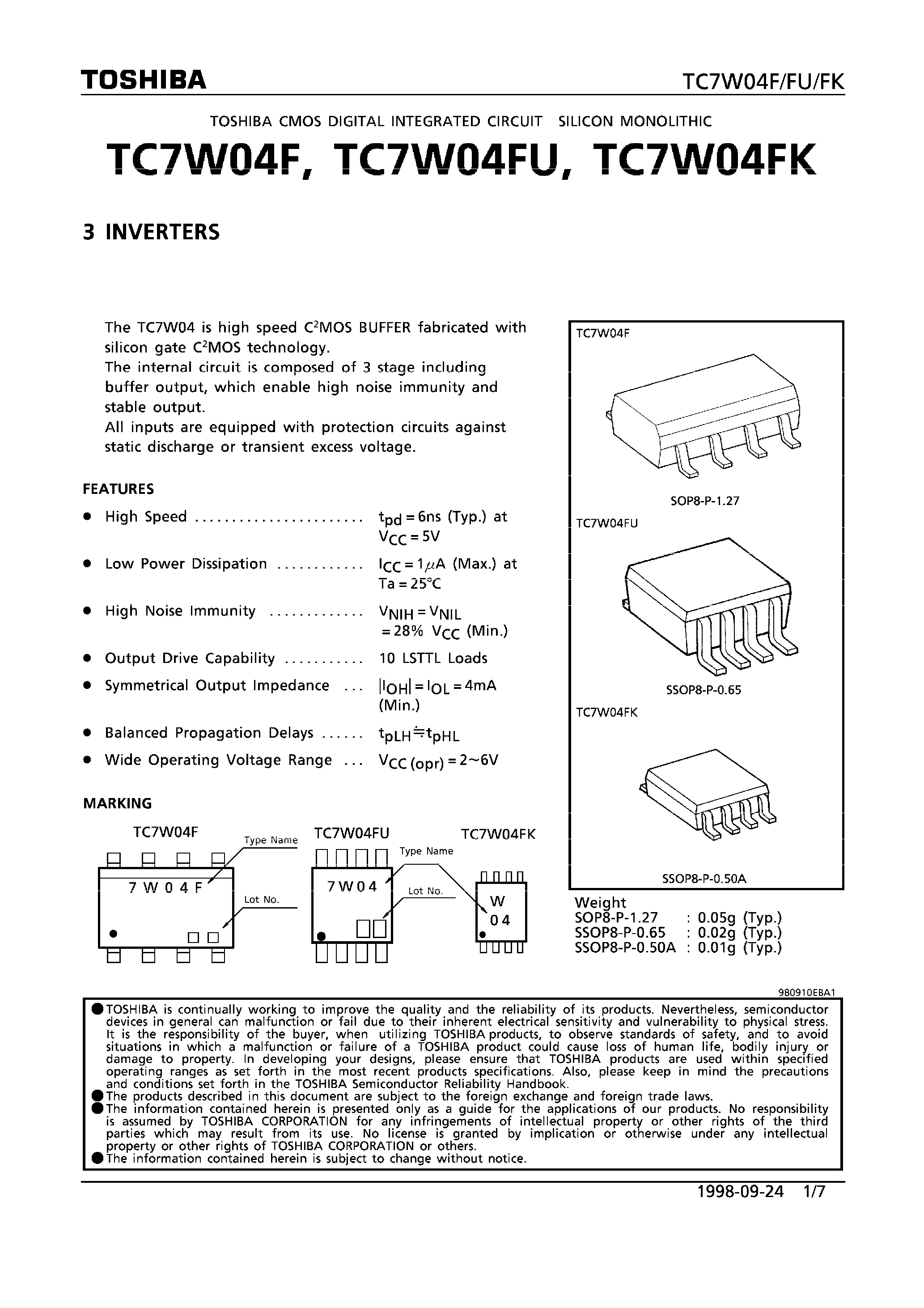 Datasheet TC7W04FU - 2 INVERTERS page 1
