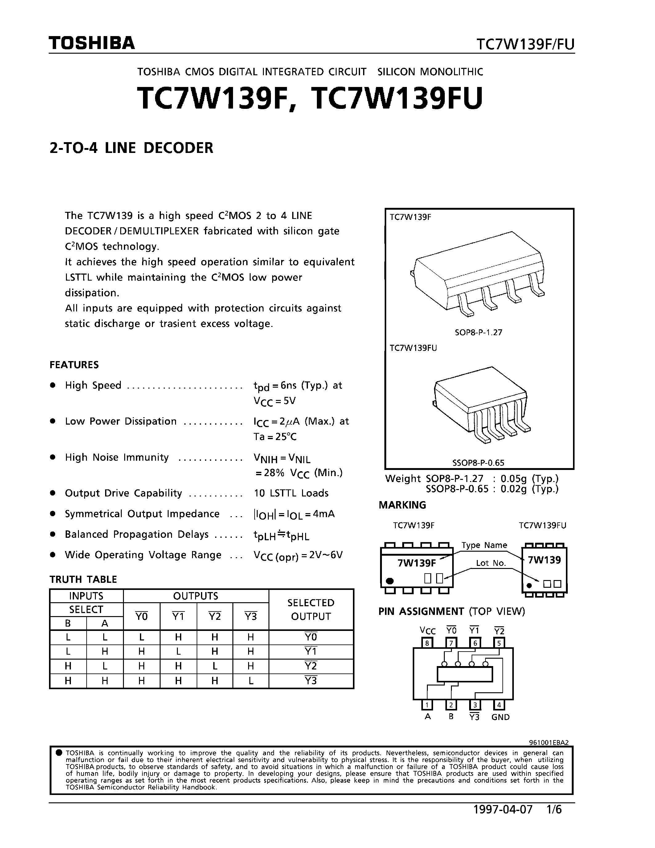 Datasheet TC7W139 - 2-TO-4 LINE DECODER page 1