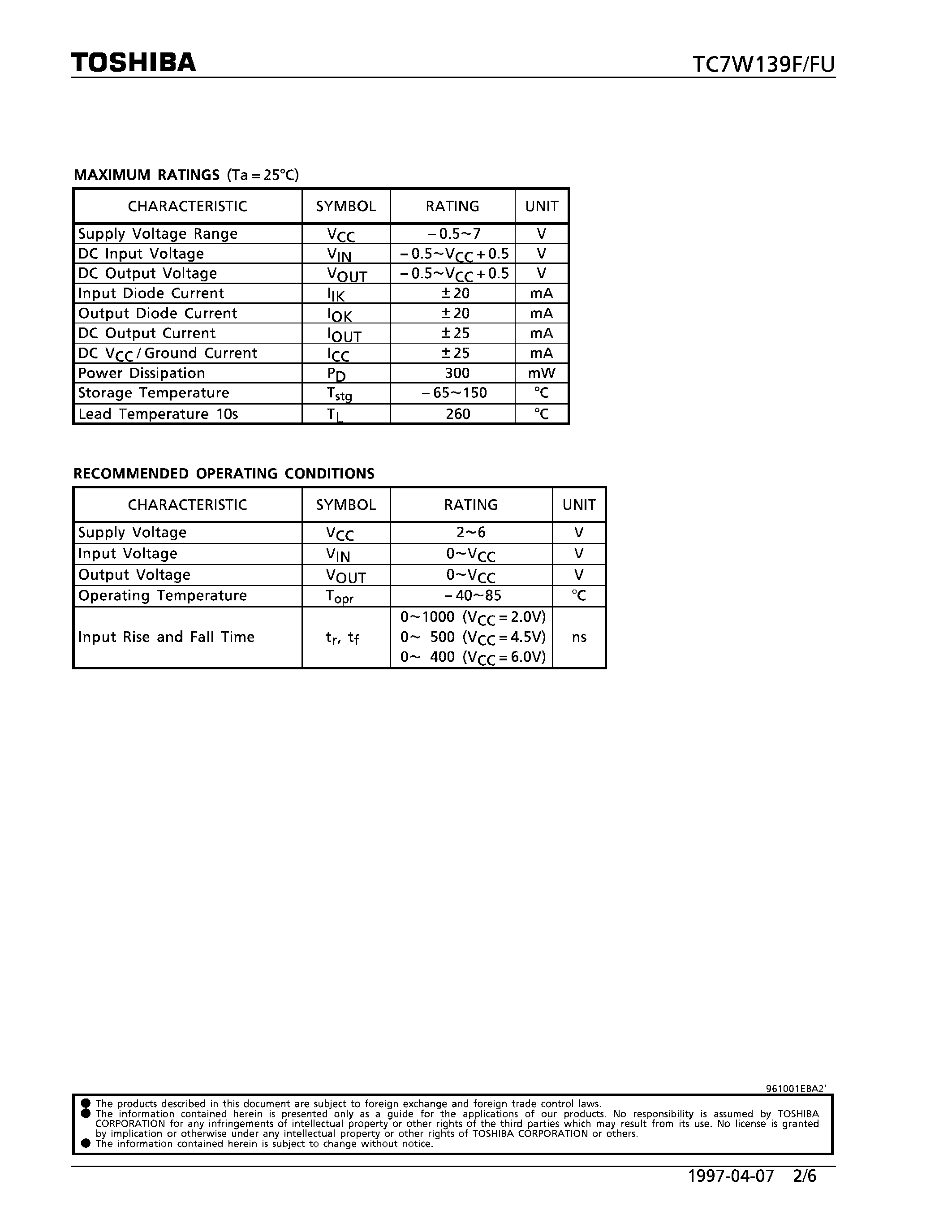 Datasheet TC7W139F page 2 Datasheet TC7W139F - 2-TO-4 LINE DECODER page 2