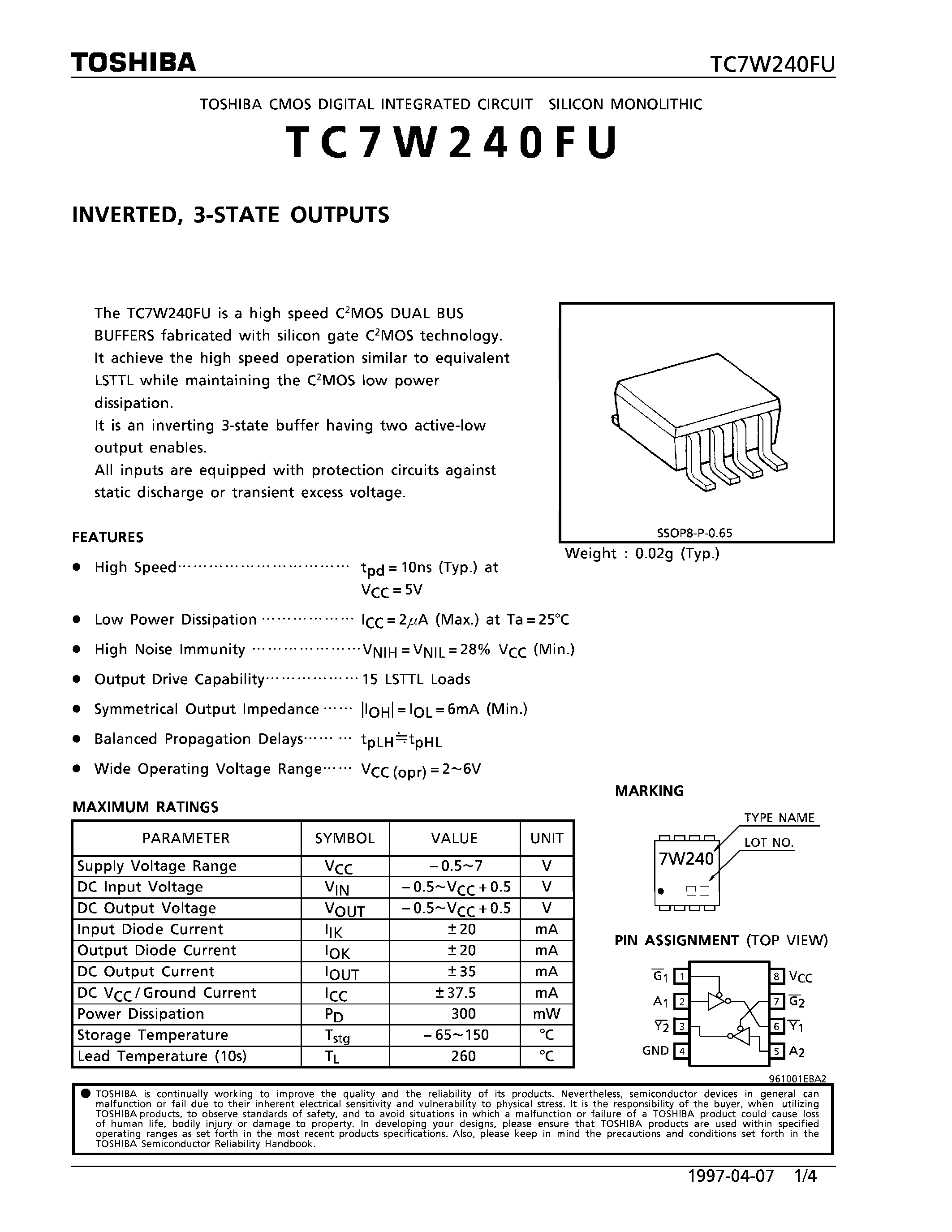 Datasheet TC7W240FU page 1 Datasheet TC7W240FU - INVERTED/ 3-STATE OUTPUTS page 1