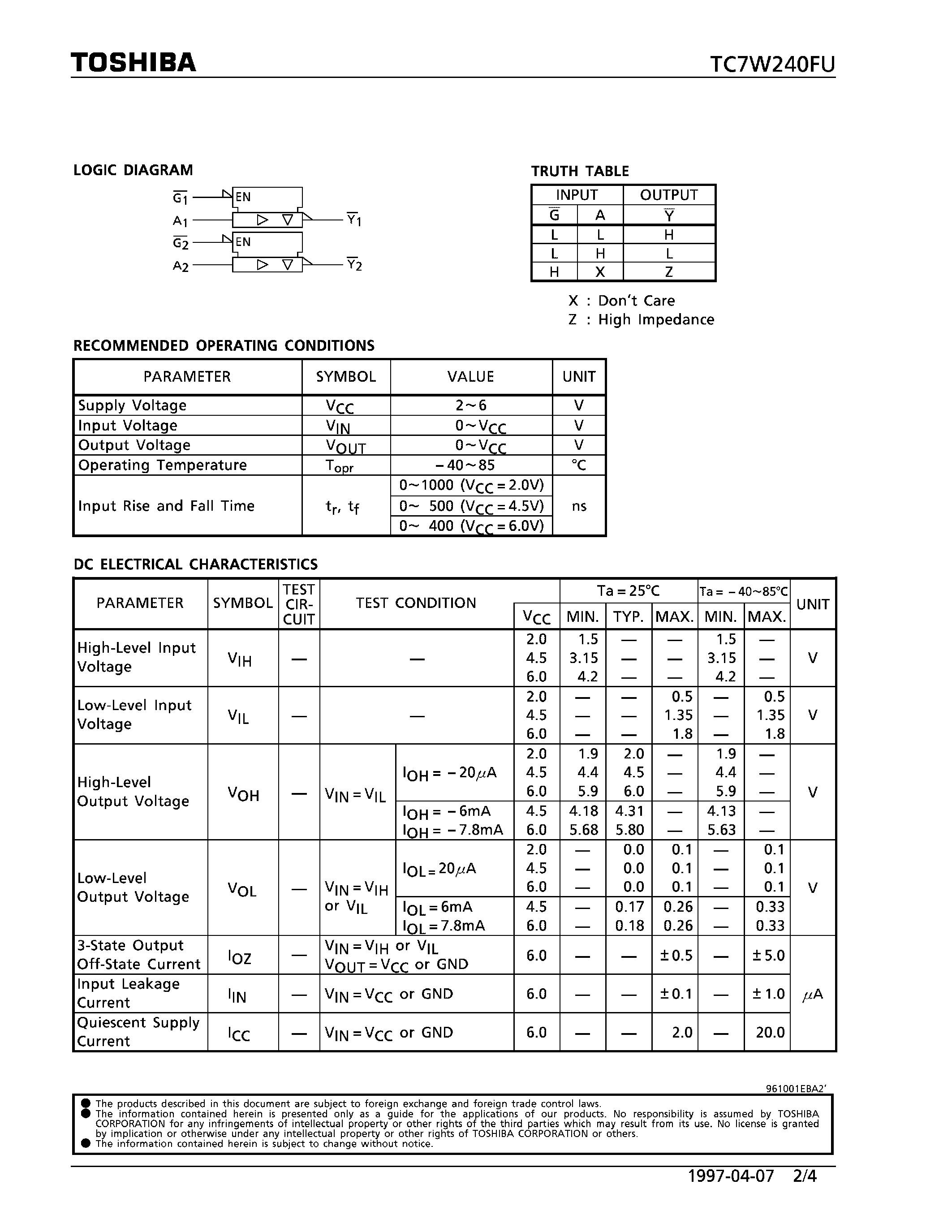 Datasheet TC7W240FU page 2 Datasheet TC7W240FU - INVERTED/ 3-STATE OUTPUTS page 2