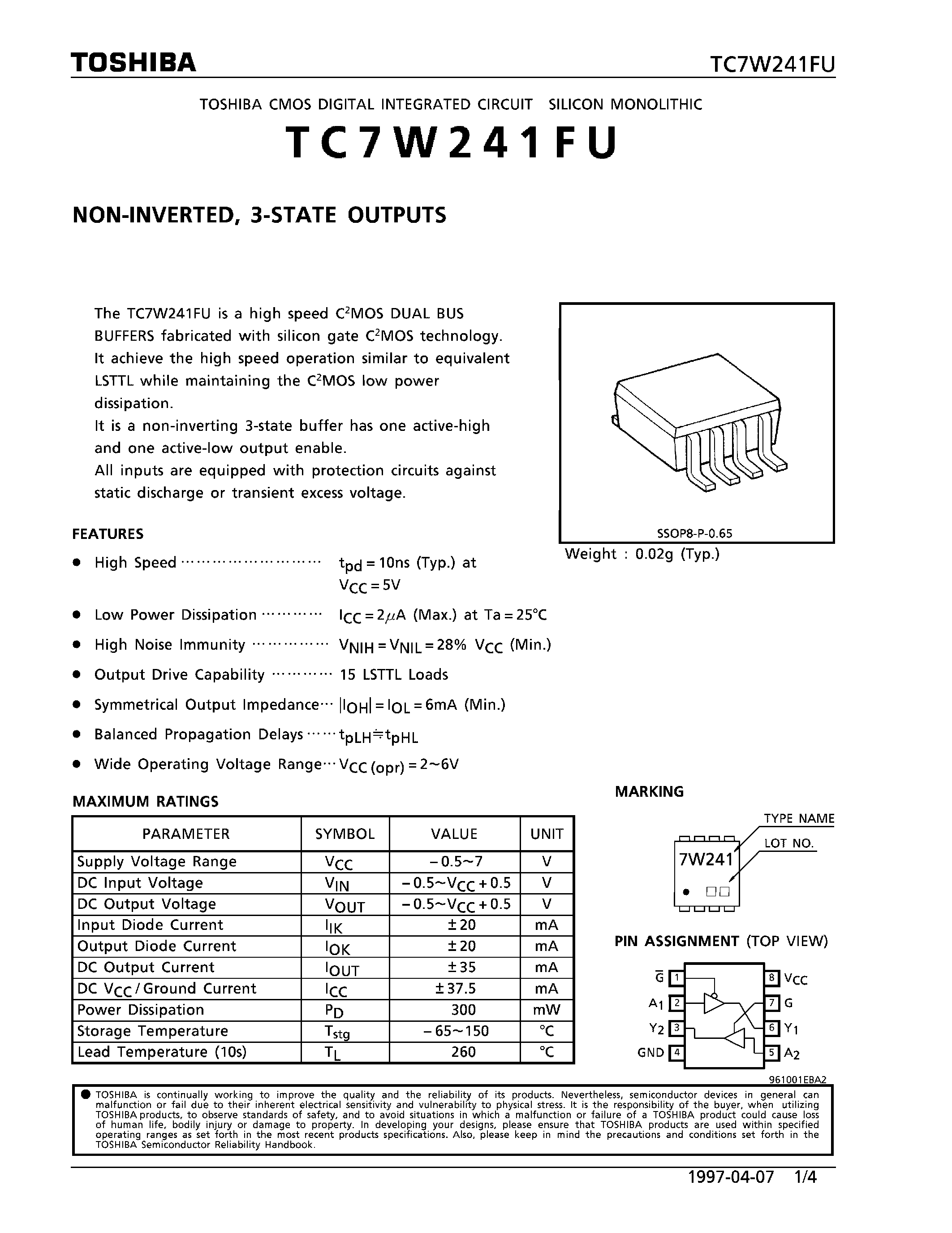 Datasheet TC7W241 page 1 Datasheet TC7W241 - NON-INVERTED/ 3-STATE OUTPUTS page 1