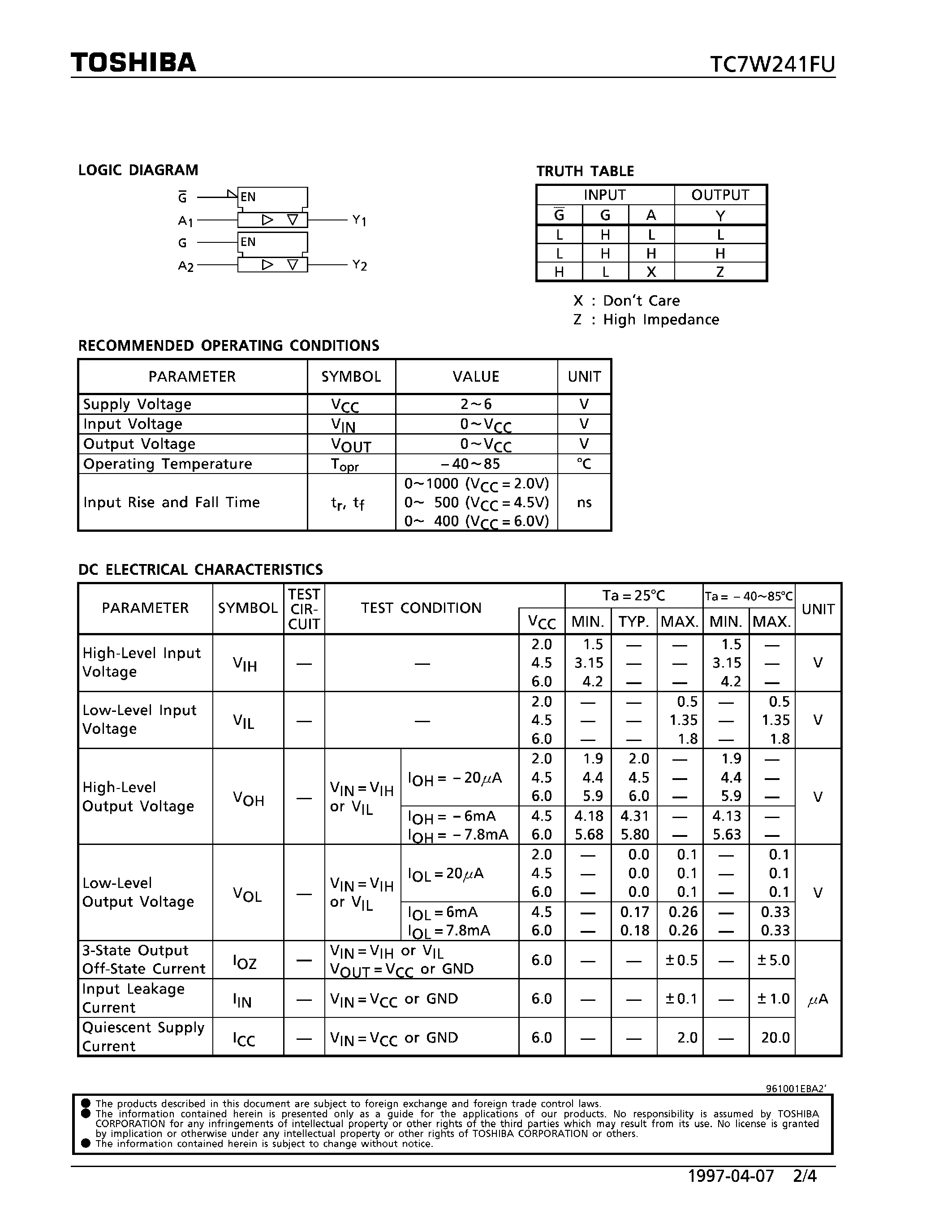 Datasheet TC7W241 page 2 Datasheet TC7W241 - NON-INVERTED/ 3-STATE OUTPUTS page 2