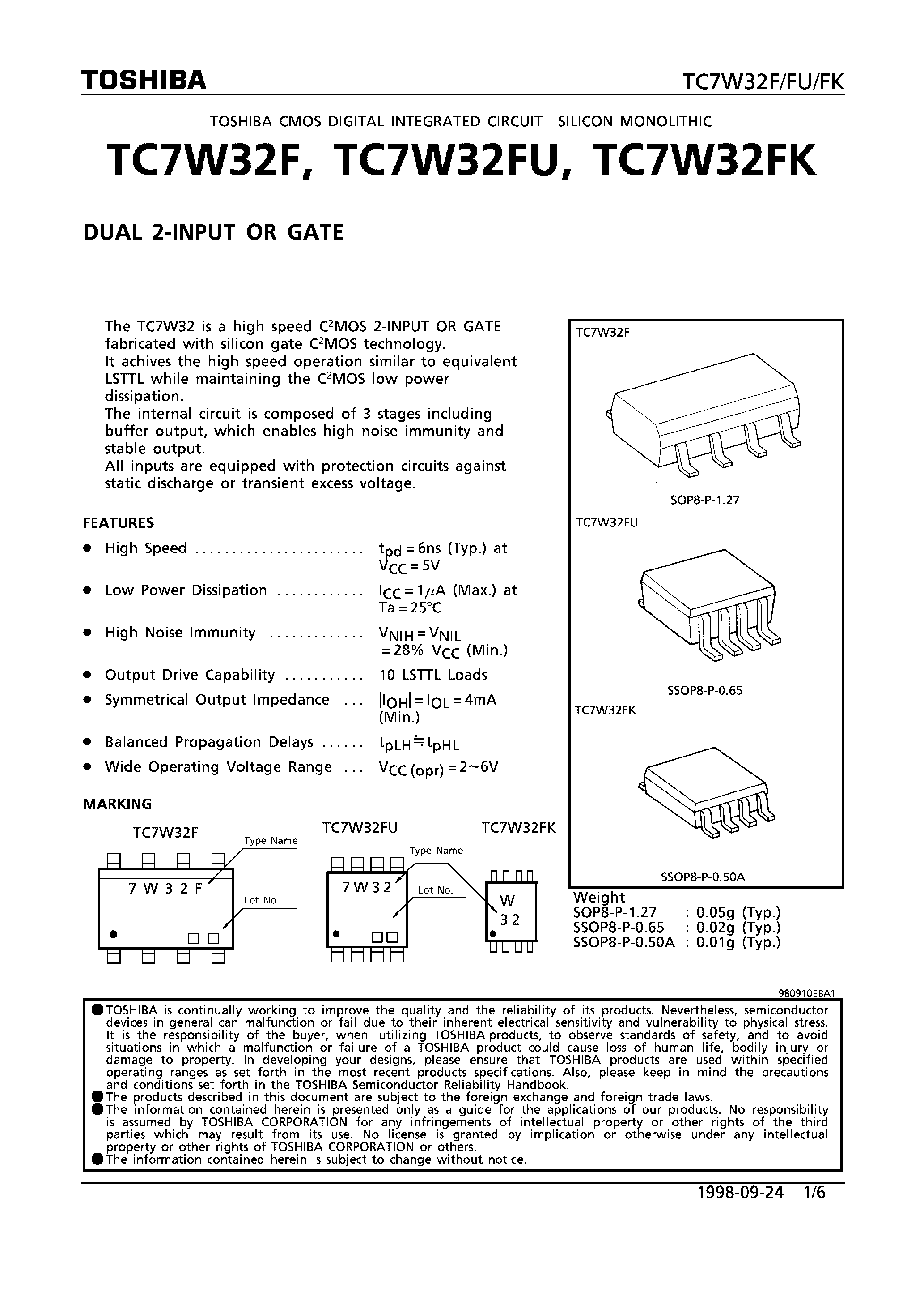 Datasheet TC7W32 - DUAL 2-INPUT OR GATE page 1
