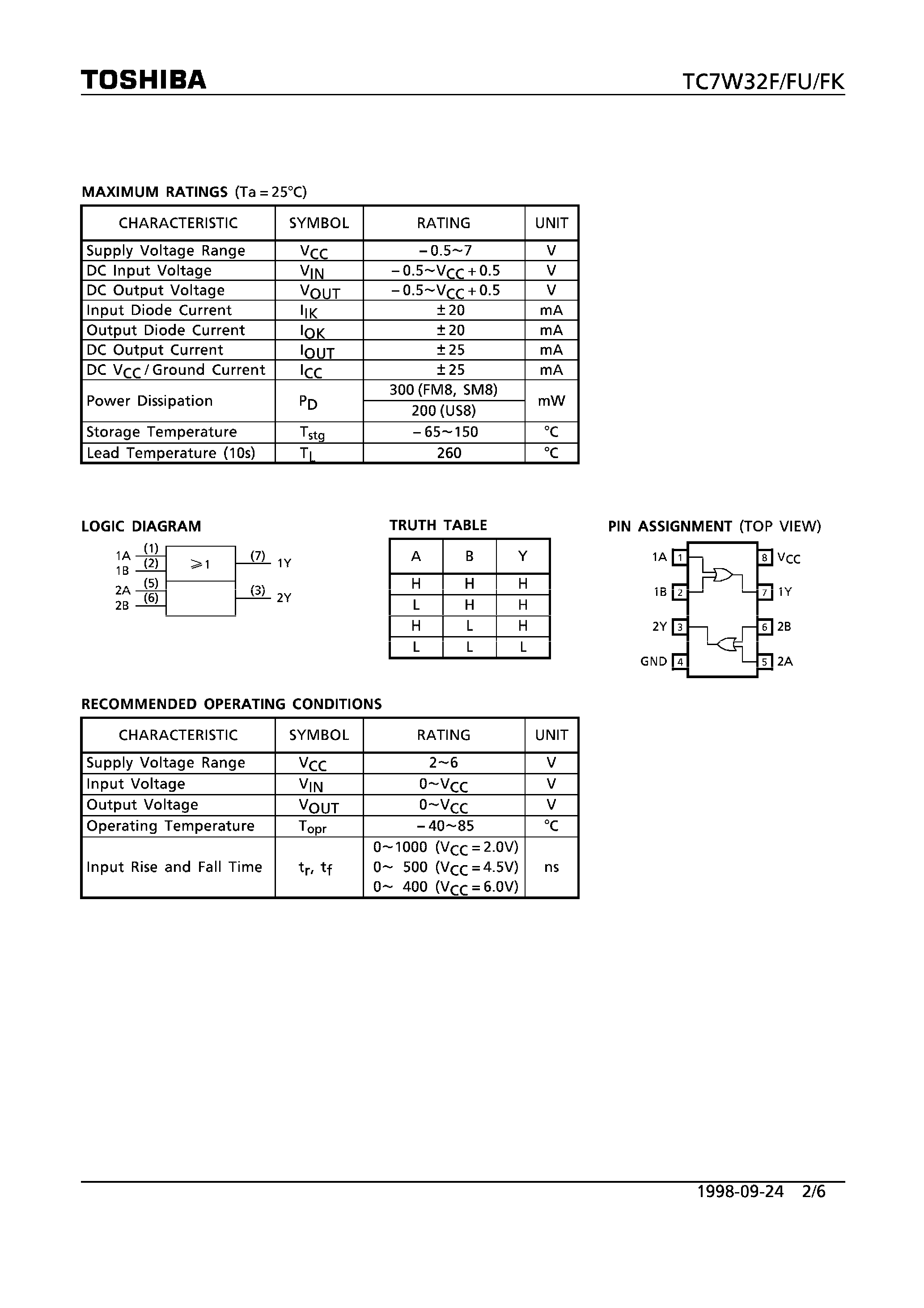 Datasheet TC7W32 - DUAL 2-INPUT OR GATE page 2