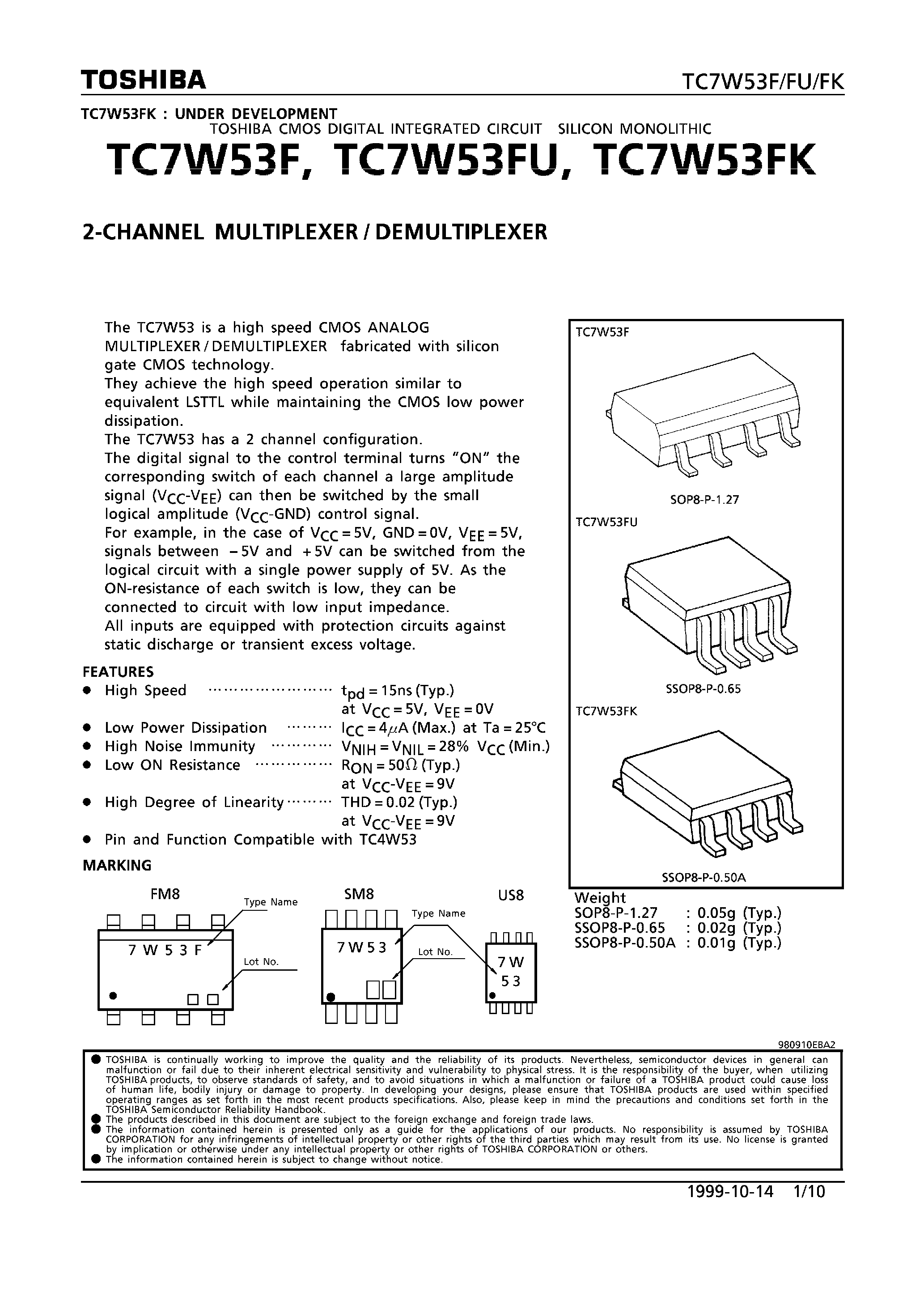 Datasheet TC7W53 - 2-CHANNEL MULTIPLEXER/DEMULTIPLEXER page 1