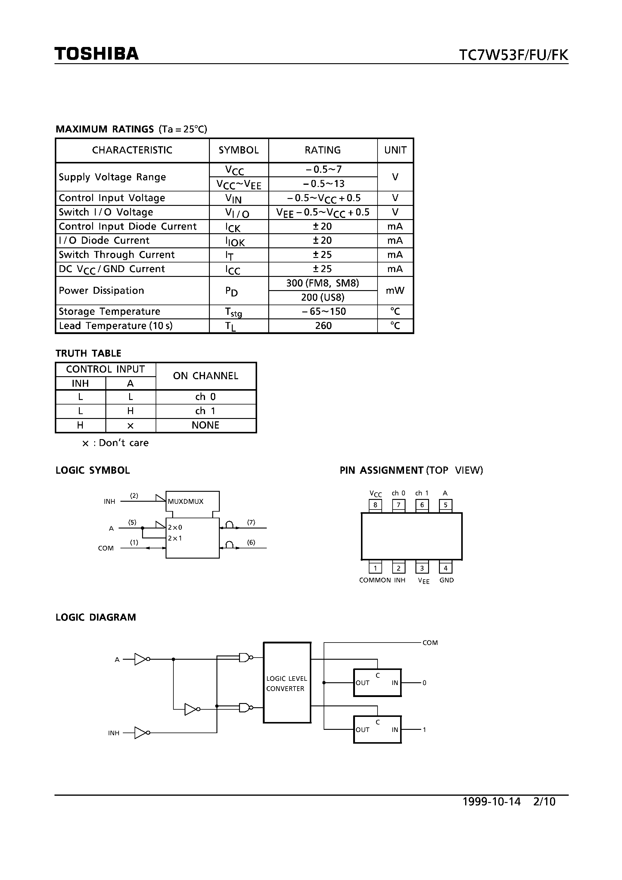 Datasheet TC7W53 - 2-CHANNEL MULTIPLEXER/DEMULTIPLEXER page 2