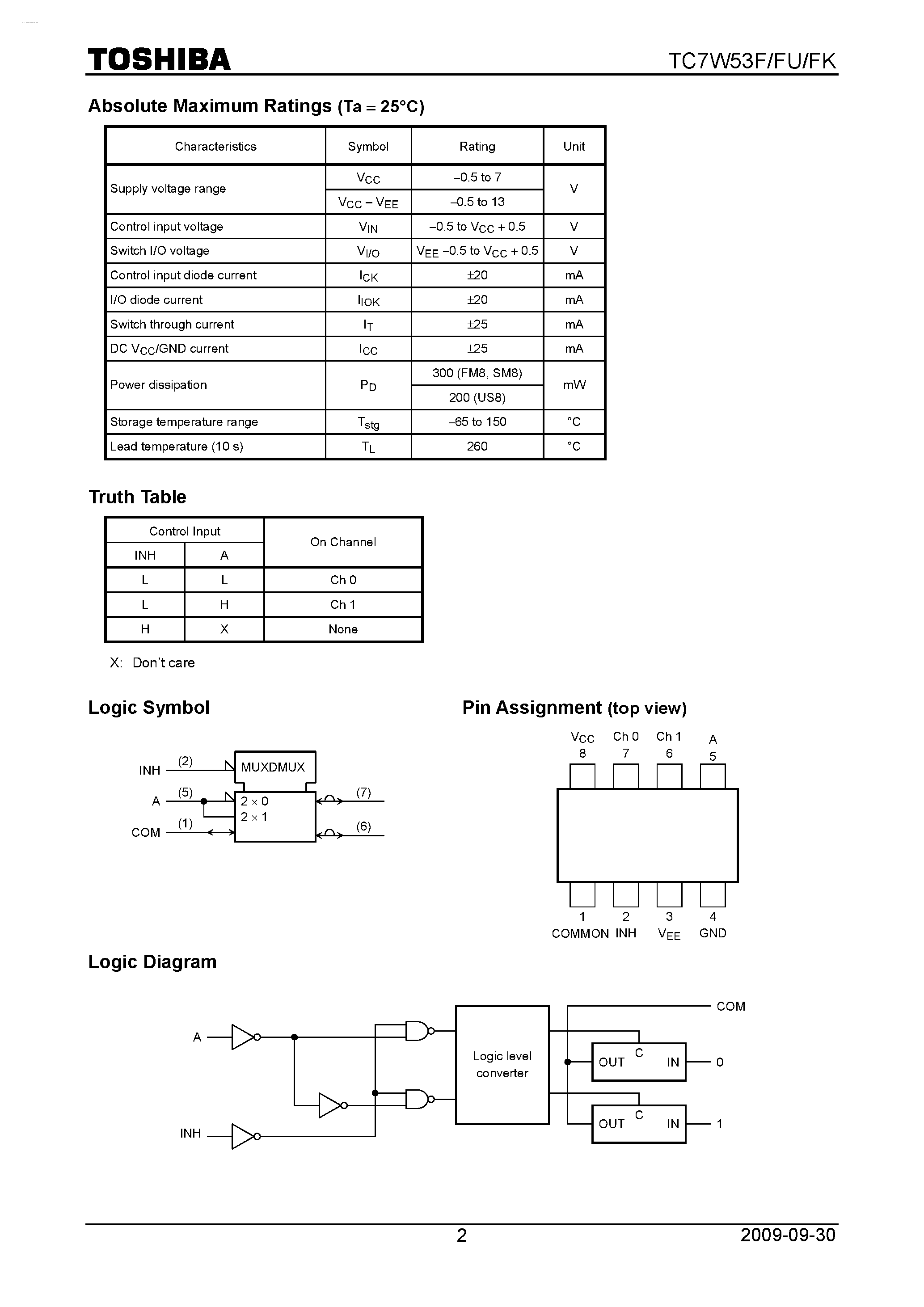Datasheet TC7W53F - 2-CHANNEL MULTIPLEXER/DEMULTIPLEXER page 2