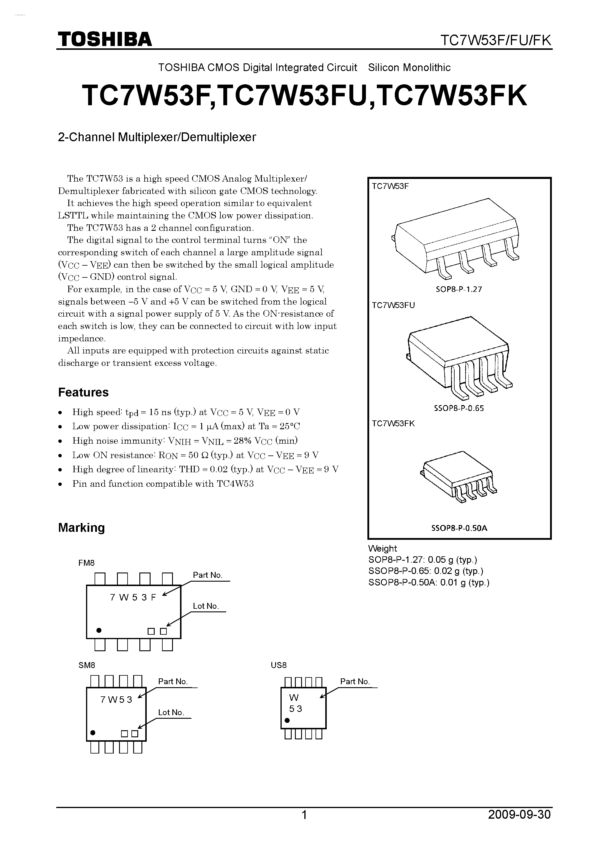 Datasheet TC7W53FU - 2-CHANNEL MULTIPLEXER/DEMULTIPLEXER page 1