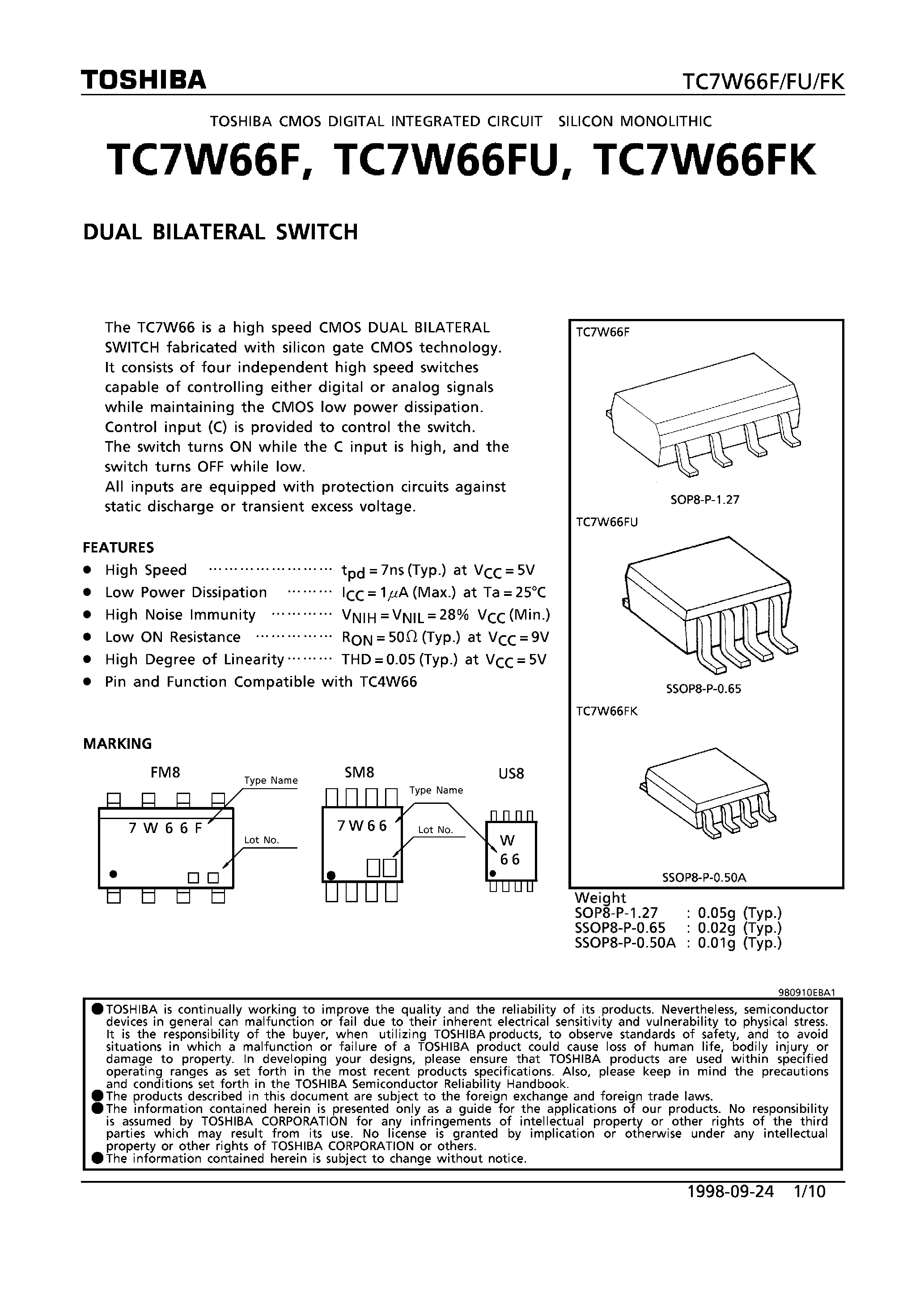 Datasheet TC7W66 page 1 Datasheet TC7W66 - DUAL BILATERAL SWITCH page 1