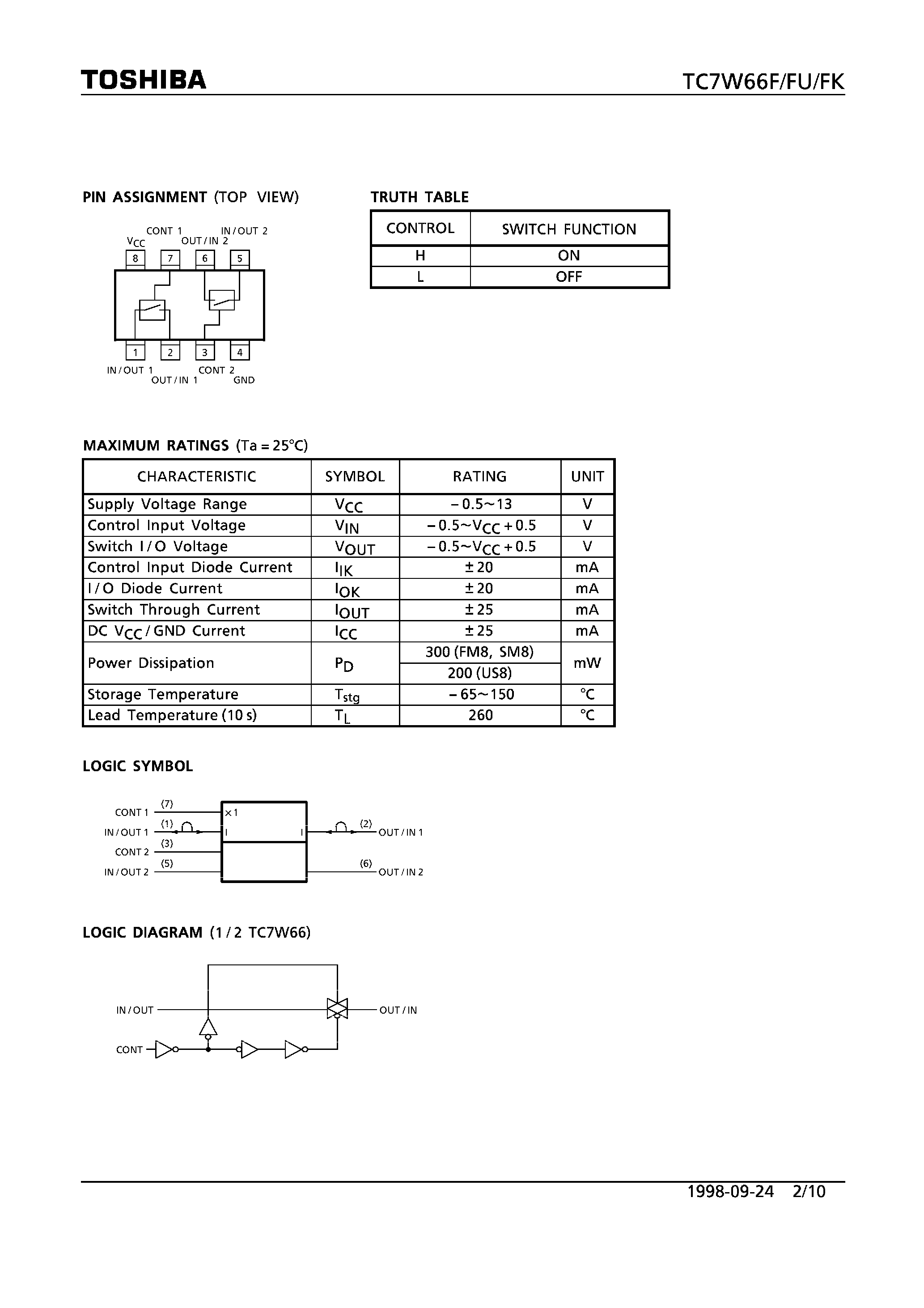 Datasheet TC7W66FK - DUAL BILATERAL SWITCH page 2