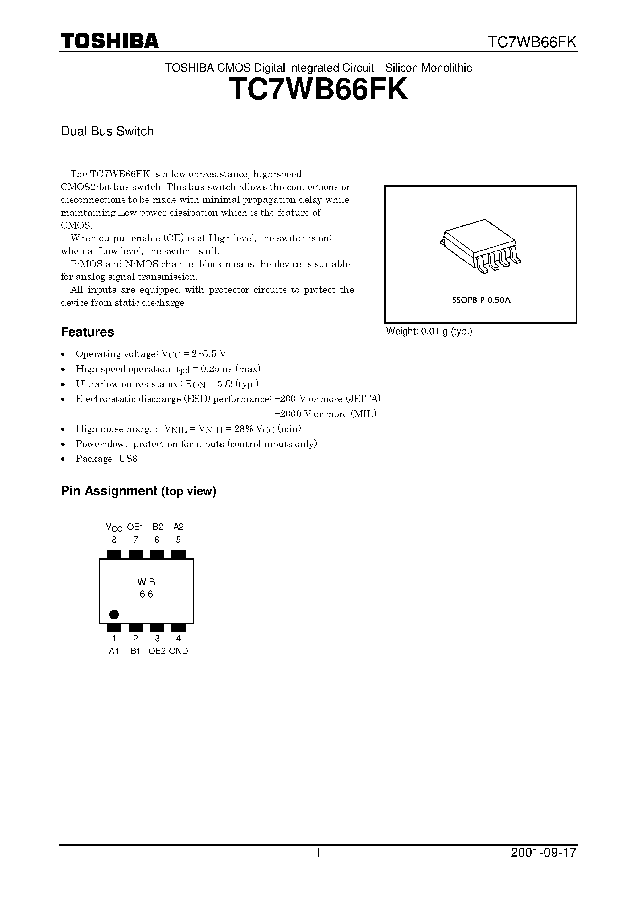 Datasheet TC7WB66FK page 1 Datasheet TC7WB66FK - Dual Bus Switch page 1
