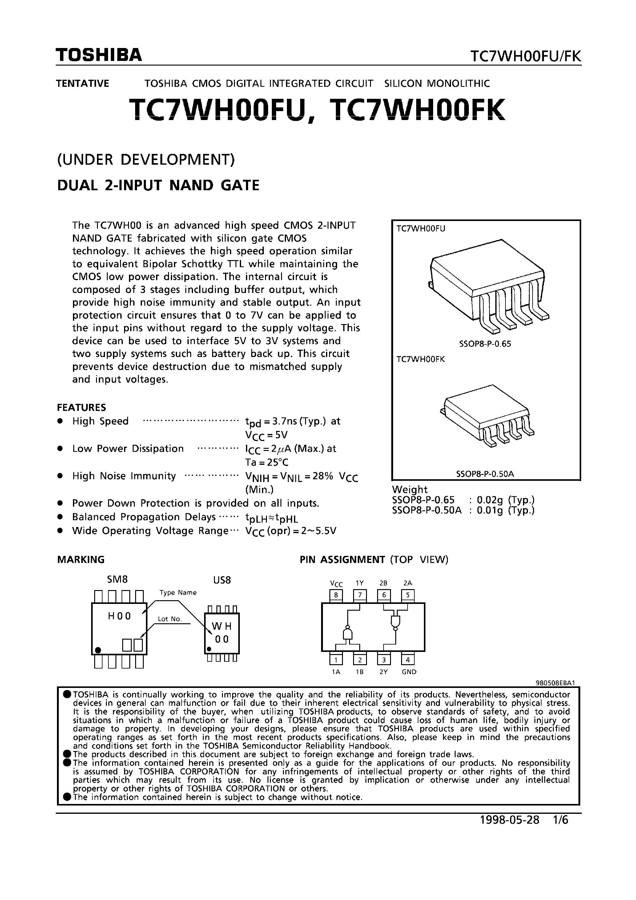 Datasheet TC7WH00FK - DUAL 2-INPUT NAND GATE page 1