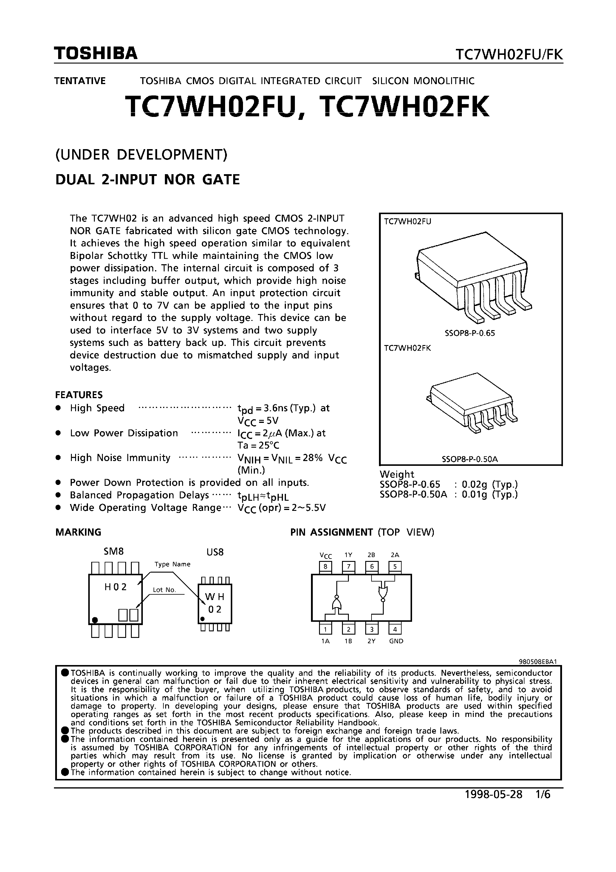 Datasheet TC7WH02FU - DUAL 2-INPUT NOR GATE page 1