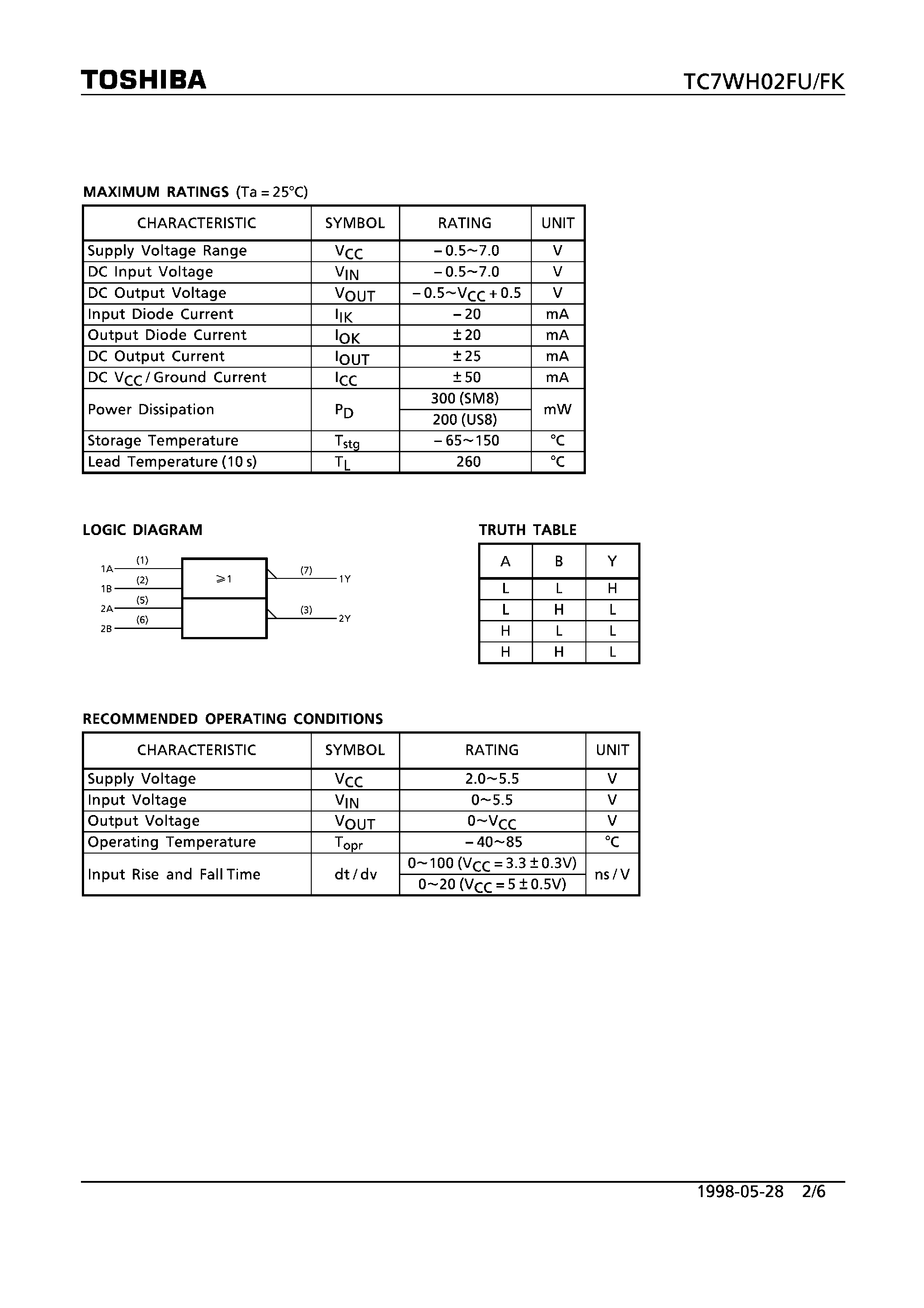 Datasheet TC7WH02FU - DUAL 2-INPUT NOR GATE page 2