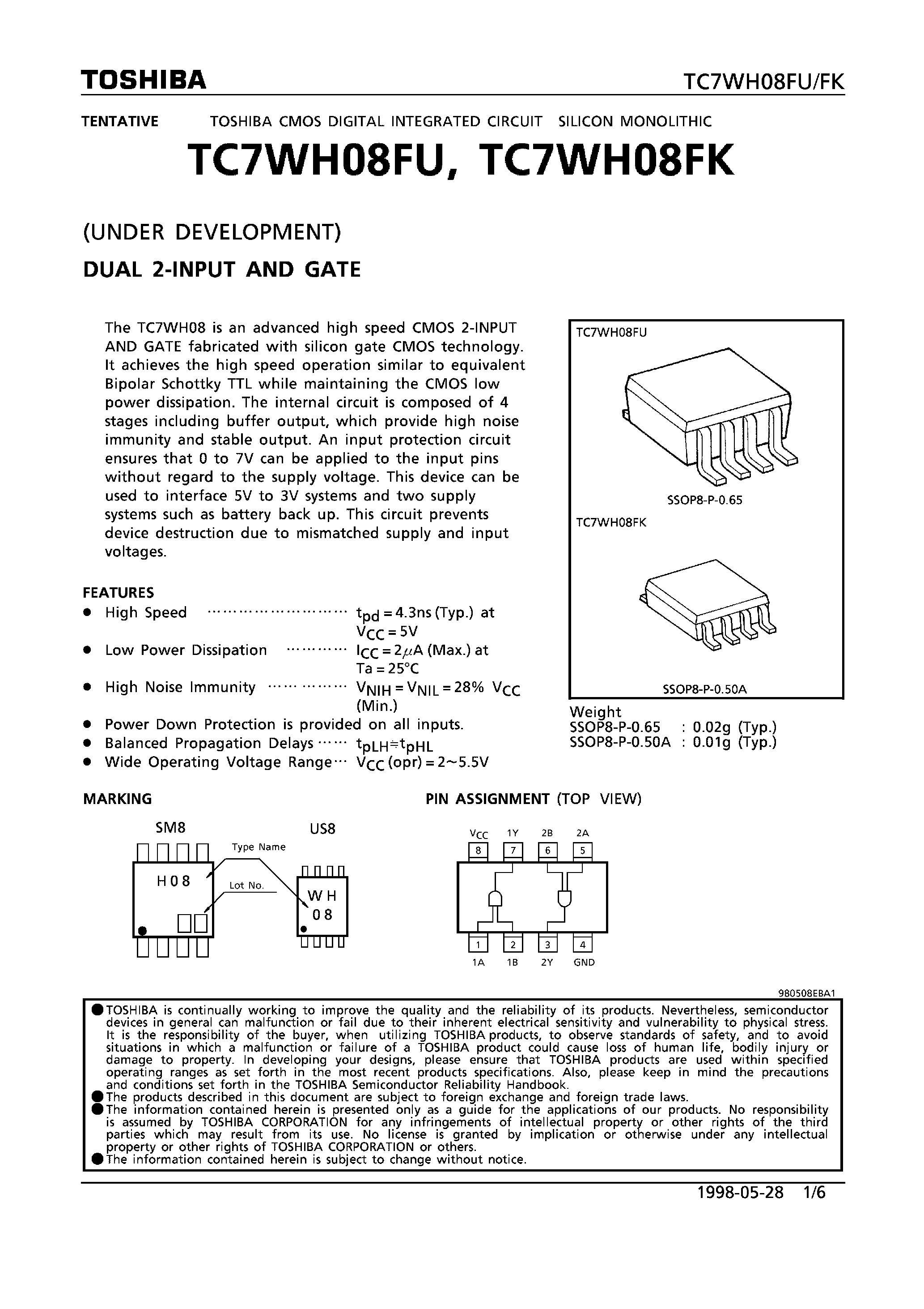 Datasheet TC7WH08FK - DUAL 2-INPUT AND GATE page 1