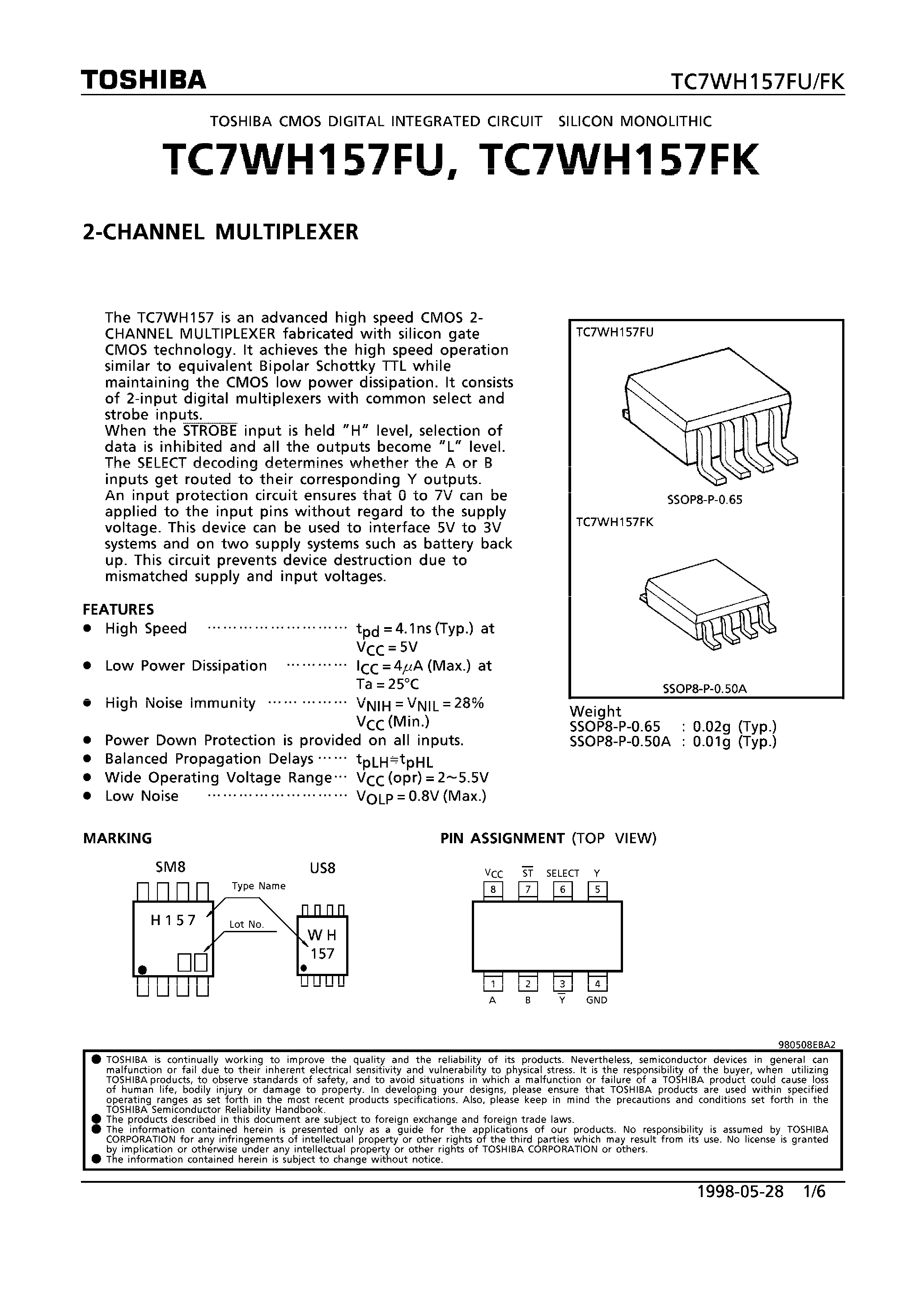 Datasheet TC7WH157 - 2-CHANNEL MULTIPLEXER page 1