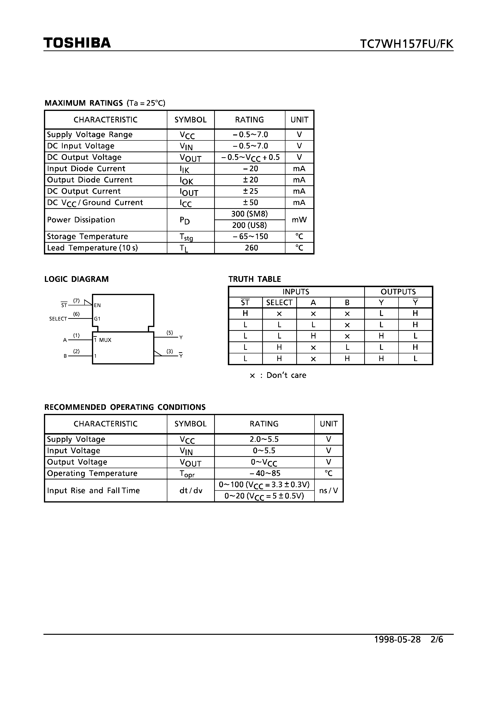 Datasheet TC7WH157FK - 2-CHANNEL MULTIPLEXER page 2