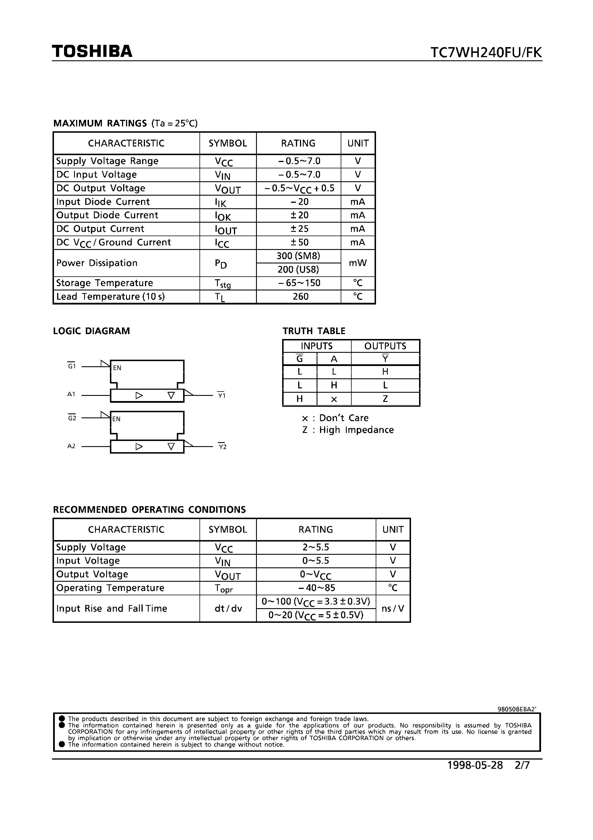 Datasheet TC7WH240FK page 2 Datasheet TC7WH240FK - DUAL BUS BUFFER INVERTED/ 3-STATE OUTPUTS page 2