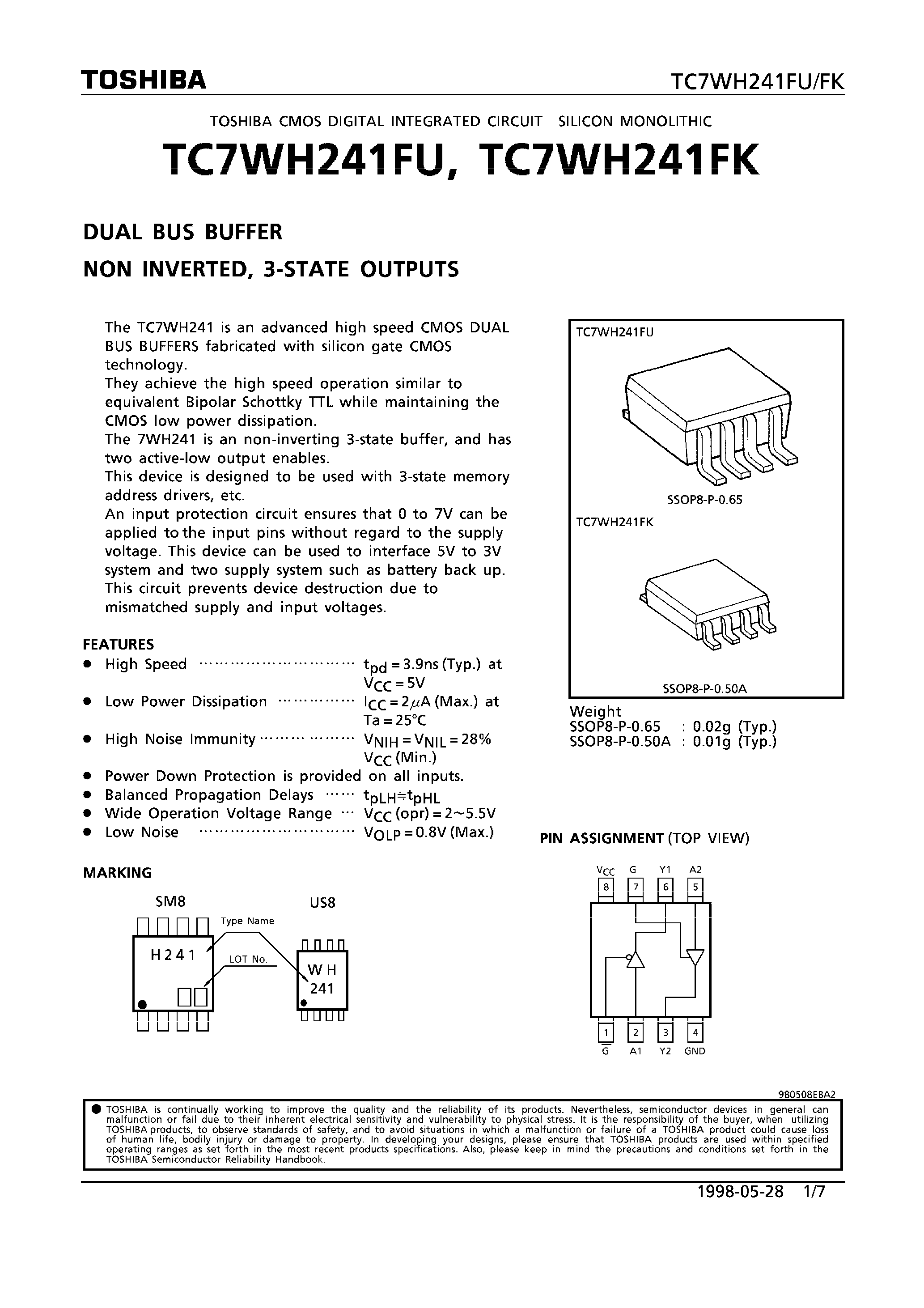 Datasheet TC7WH241 page 1 Datasheet TC7WH241 - DUAL BUS BUFFER NON INVERTED/ 3-STATE OUTPUTS page 1