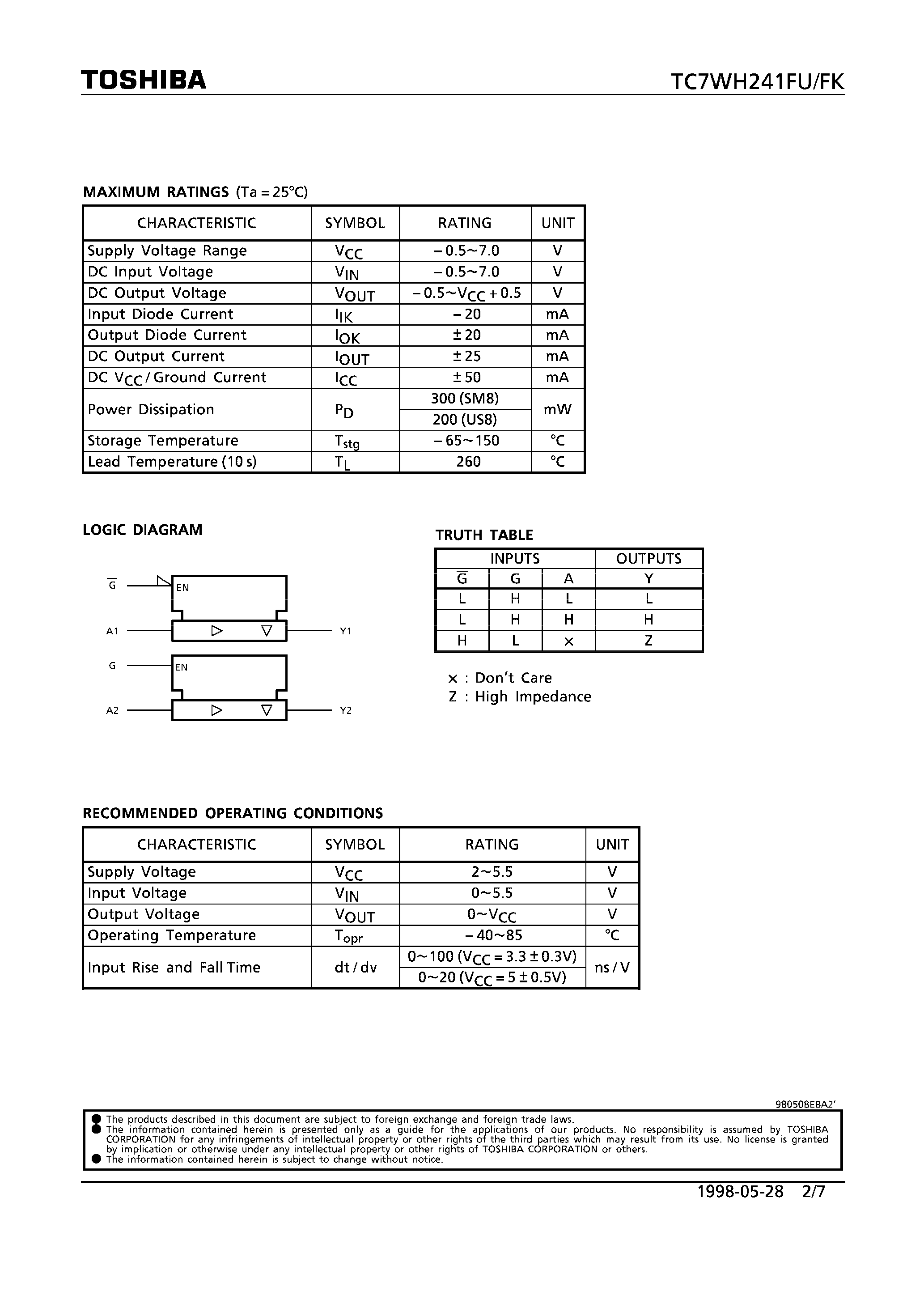 Datasheet TC7WH241 page 2 Datasheet TC7WH241 - DUAL BUS BUFFER NON INVERTED/ 3-STATE OUTPUTS page 2