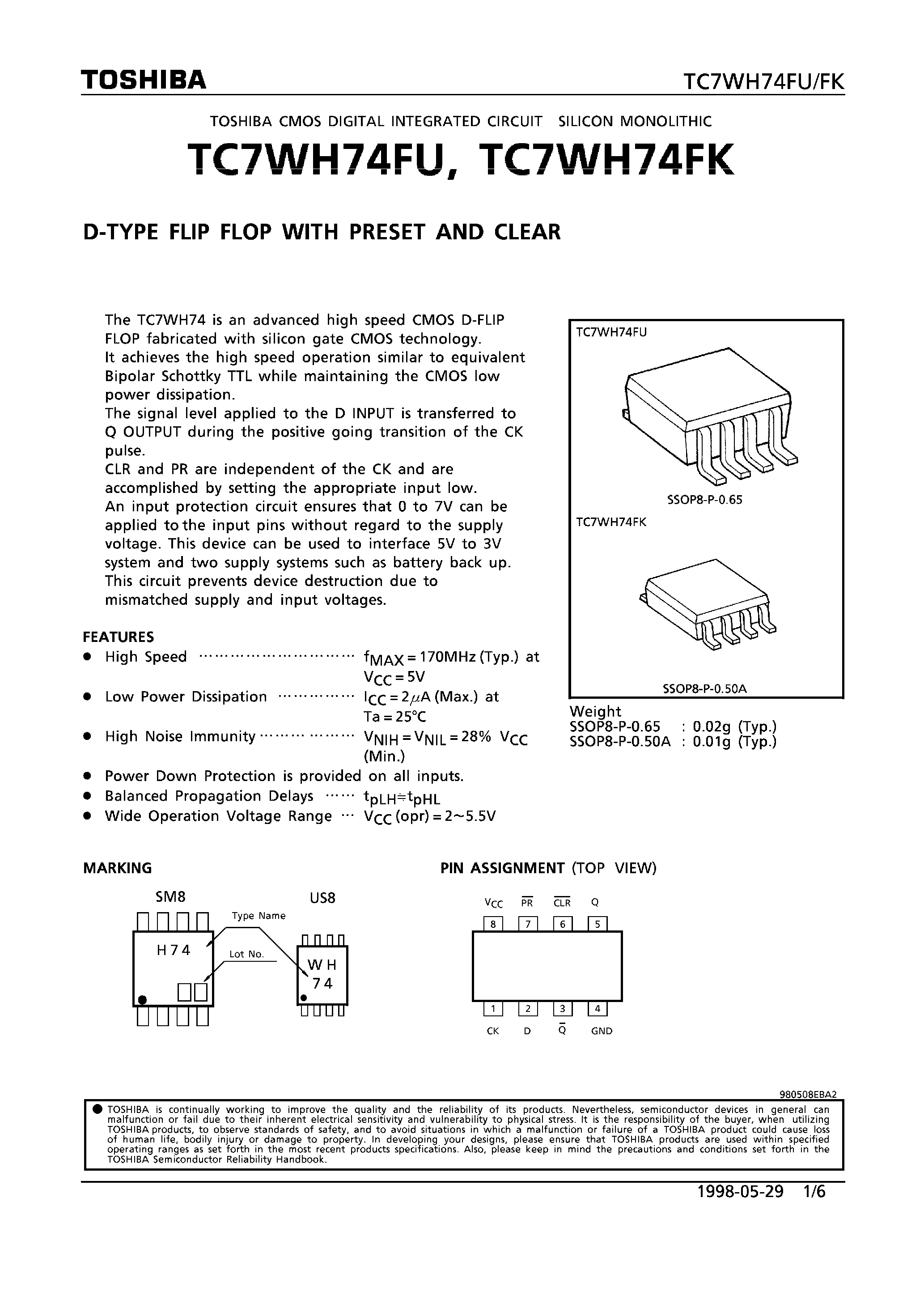 Даташит на микросхему TC7WH74FK страница 1 Даташит TC7WH74FK - D-TYPE FLIP FLOP WITH PRESETAND CLEAR страница 1