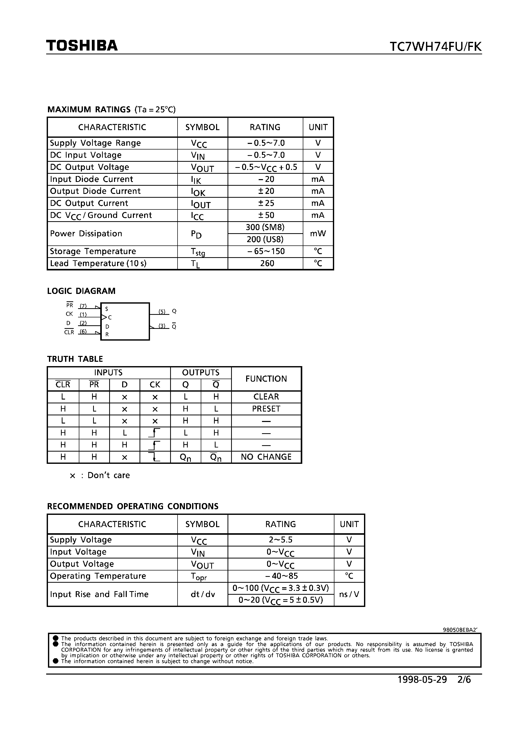 Даташит на микросхему TC7WH74FU страница 2 Даташит TC7WH74FU - D-TYPE FLIP FLOP WITH PRESETAND CLEAR страница 2