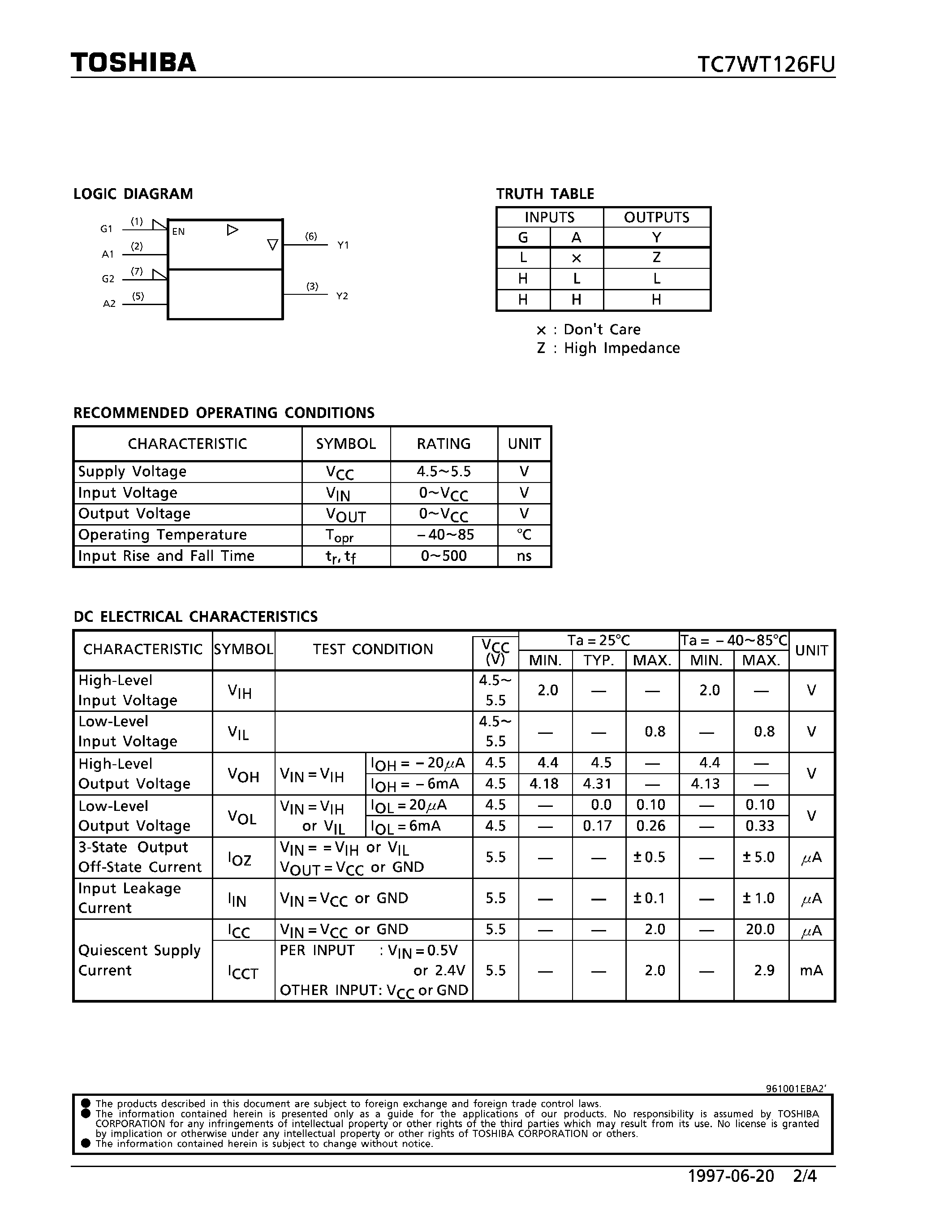 Datasheet TC7WT126FU page 2 Datasheet TC7WT126FU - INVERTED/ 3-STATE OUTPUT page 2